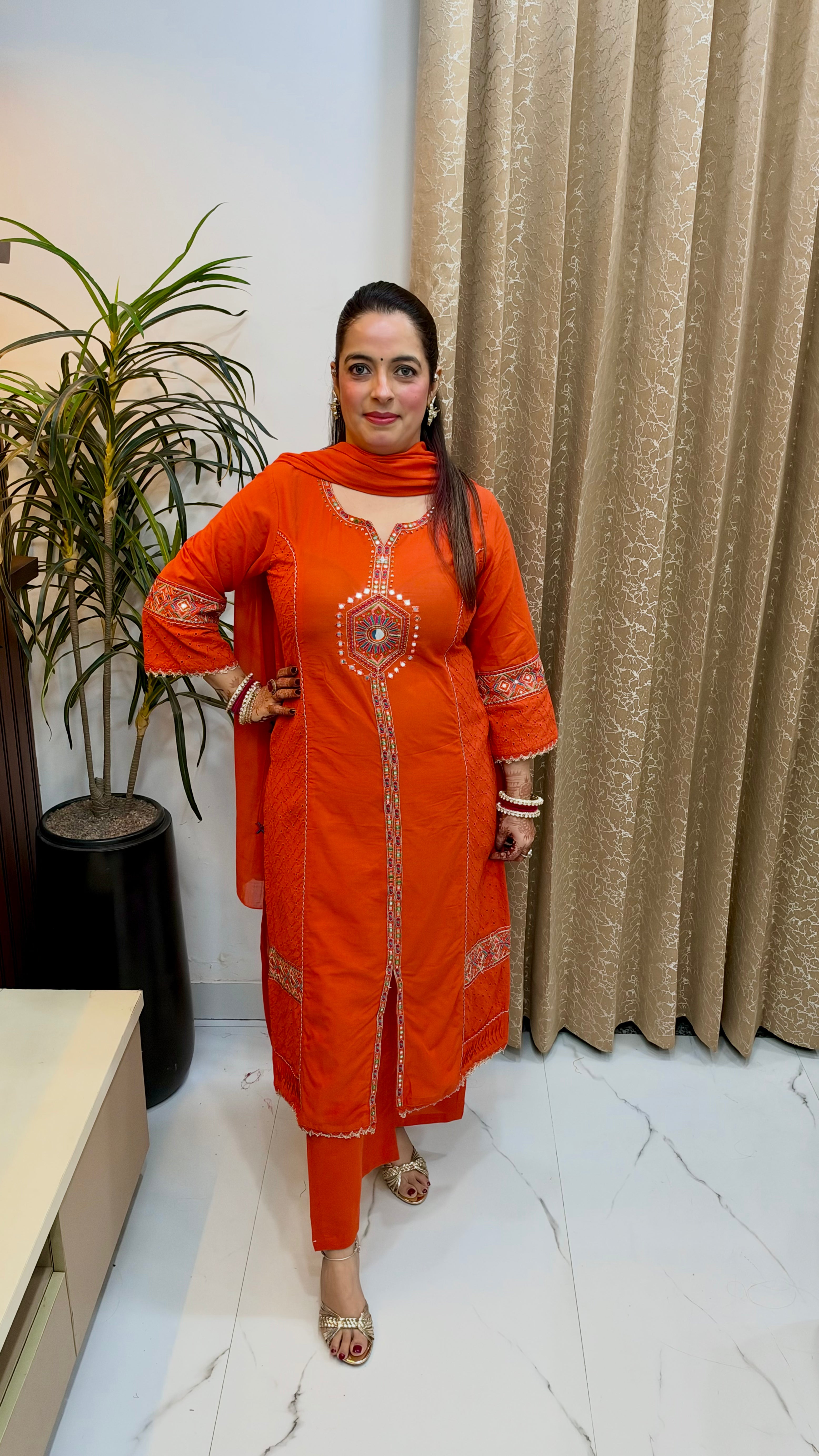 Boutique Elegance: Premium Cotton 3-Piece Suit Set with Schiffli Work & Thread Embroidery