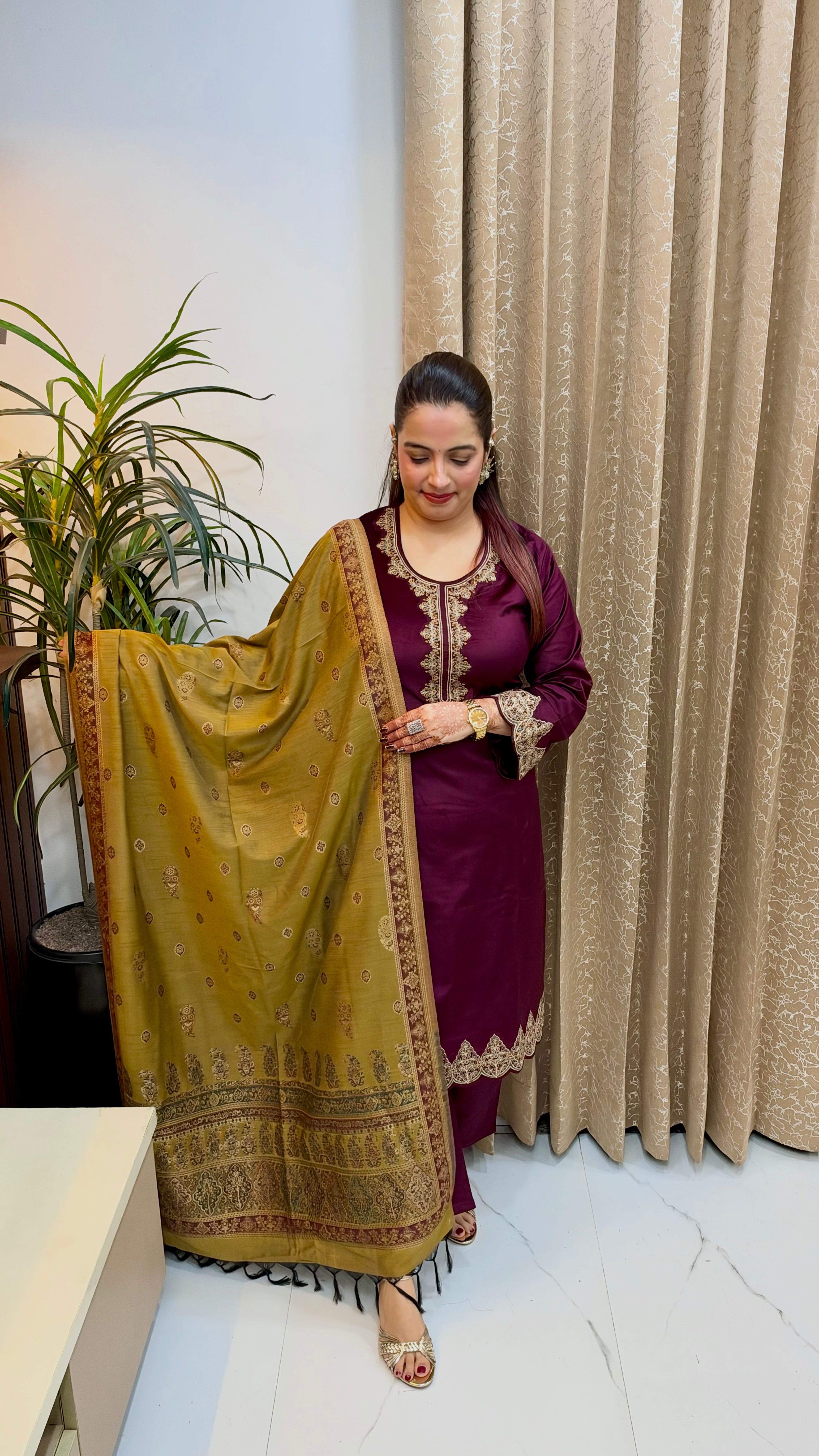 Winter Royalty: Imported Cotrise Woollen 3-Piece Suit Set with Banarasi Zari Dupatta