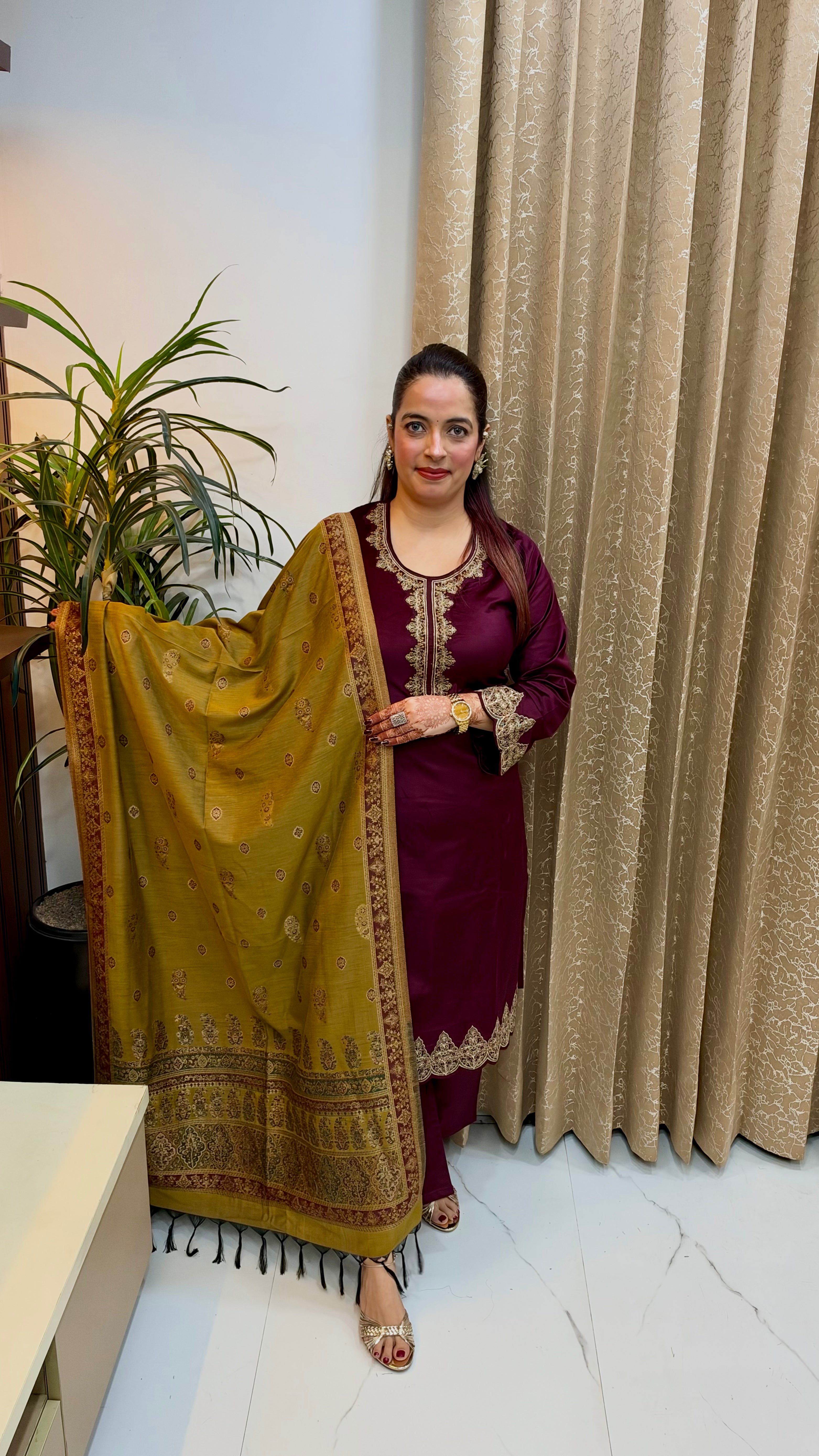 Winter Royalty: Imported Cotrise Woollen 3-Piece Suit Set with Banarasi Zari Dupatta