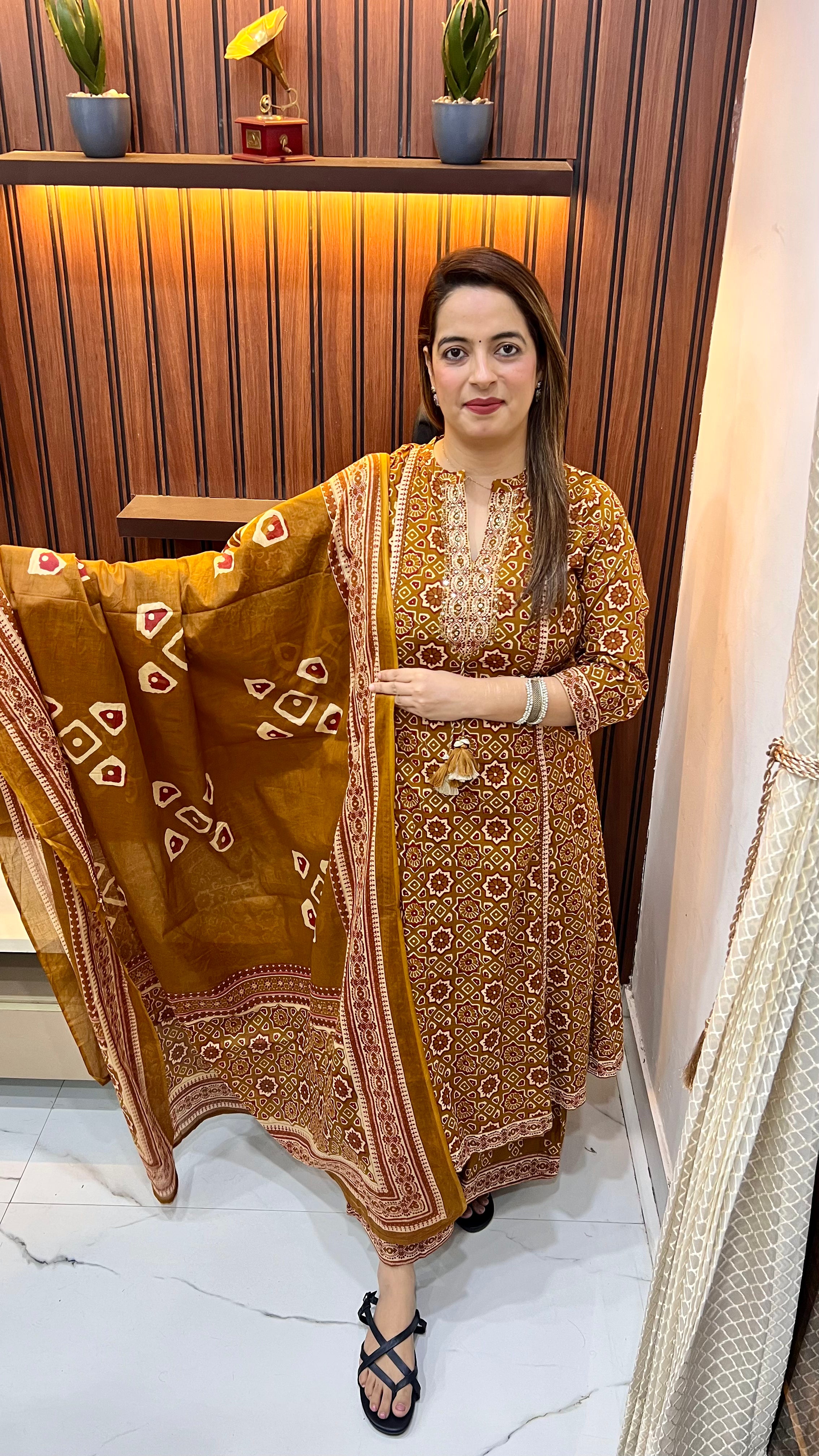 Pure Cotton A-Line Ajrak Print Suit with Hand Embroidery ✨