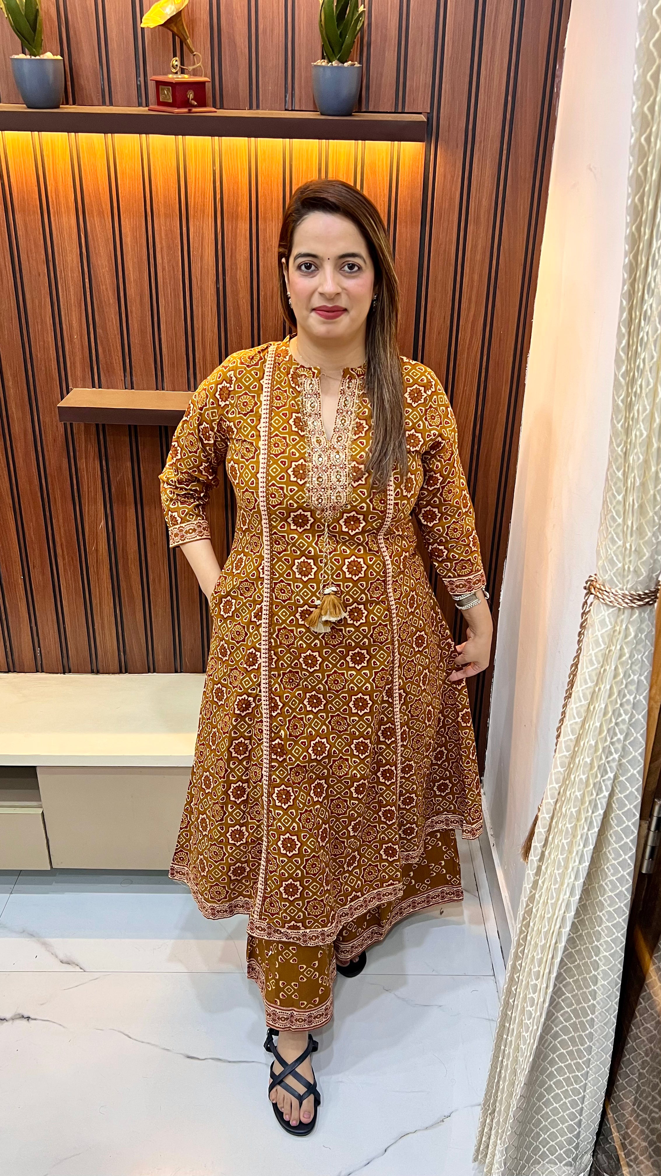 Pure Cotton A-Line Ajrak Print Suit with Hand Embroidery ✨