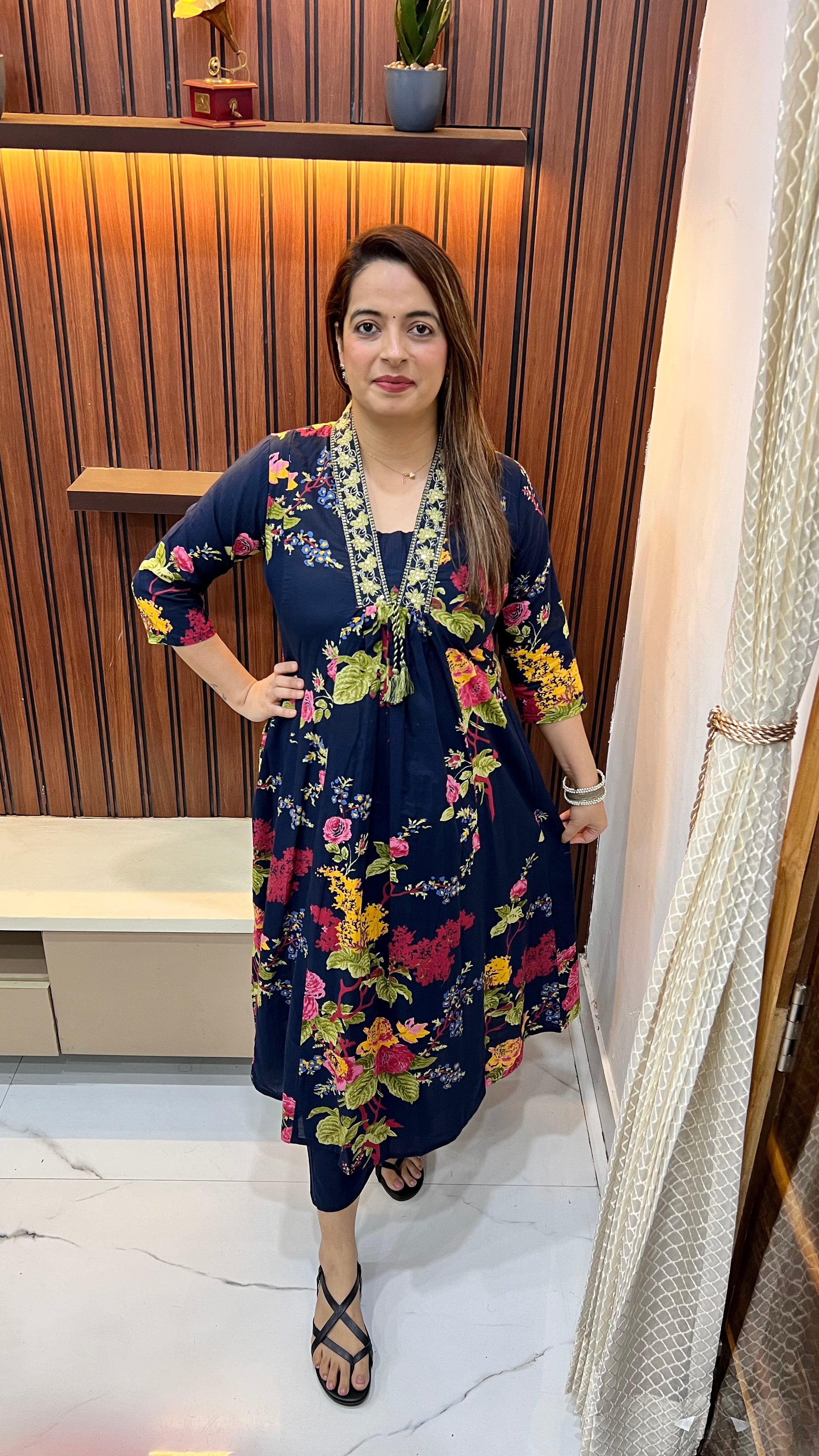 Cotton A-Line Suit with Chinese Collar & Floral Embroidery ✨