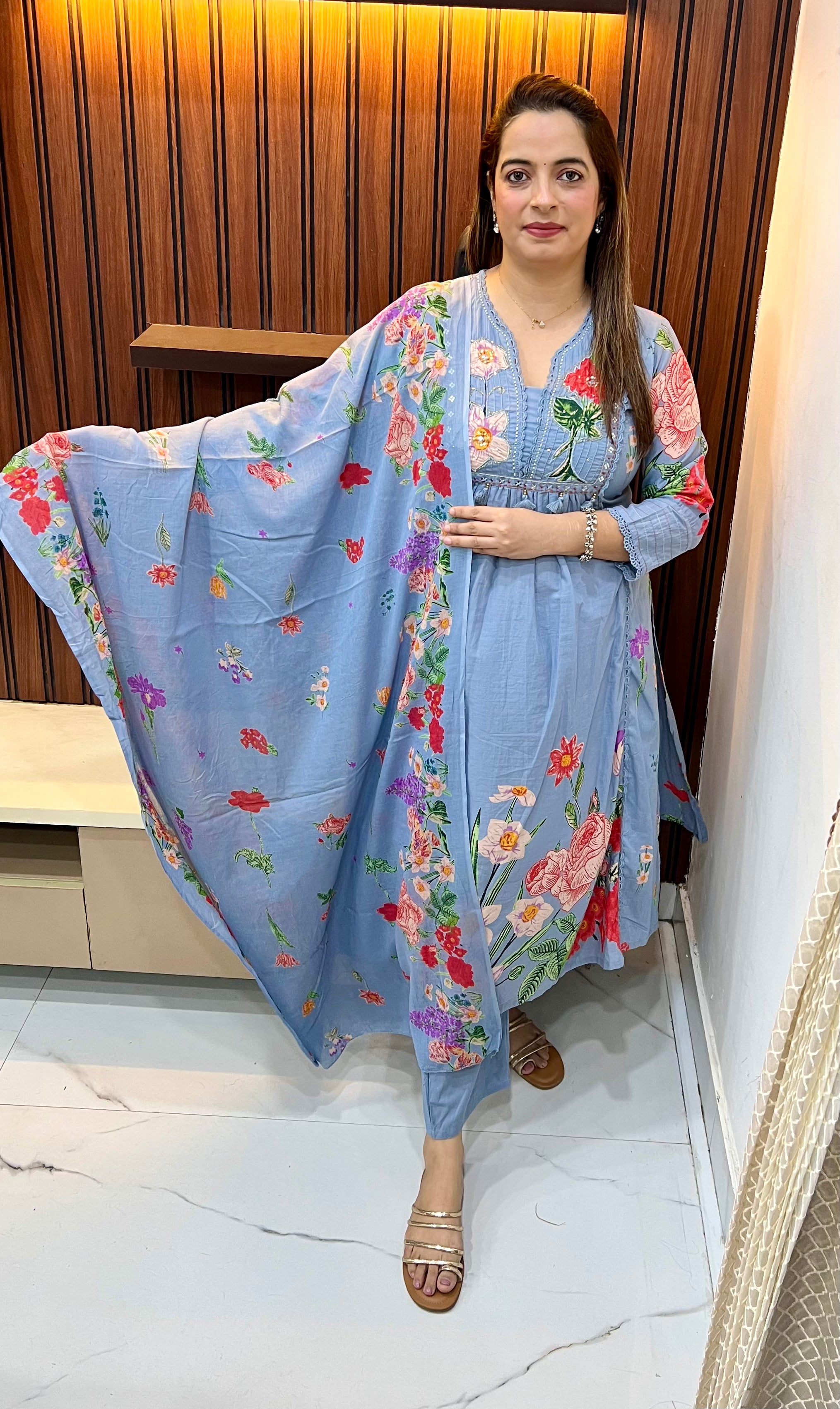 Cotton Suit with Gather & Appliqué Work