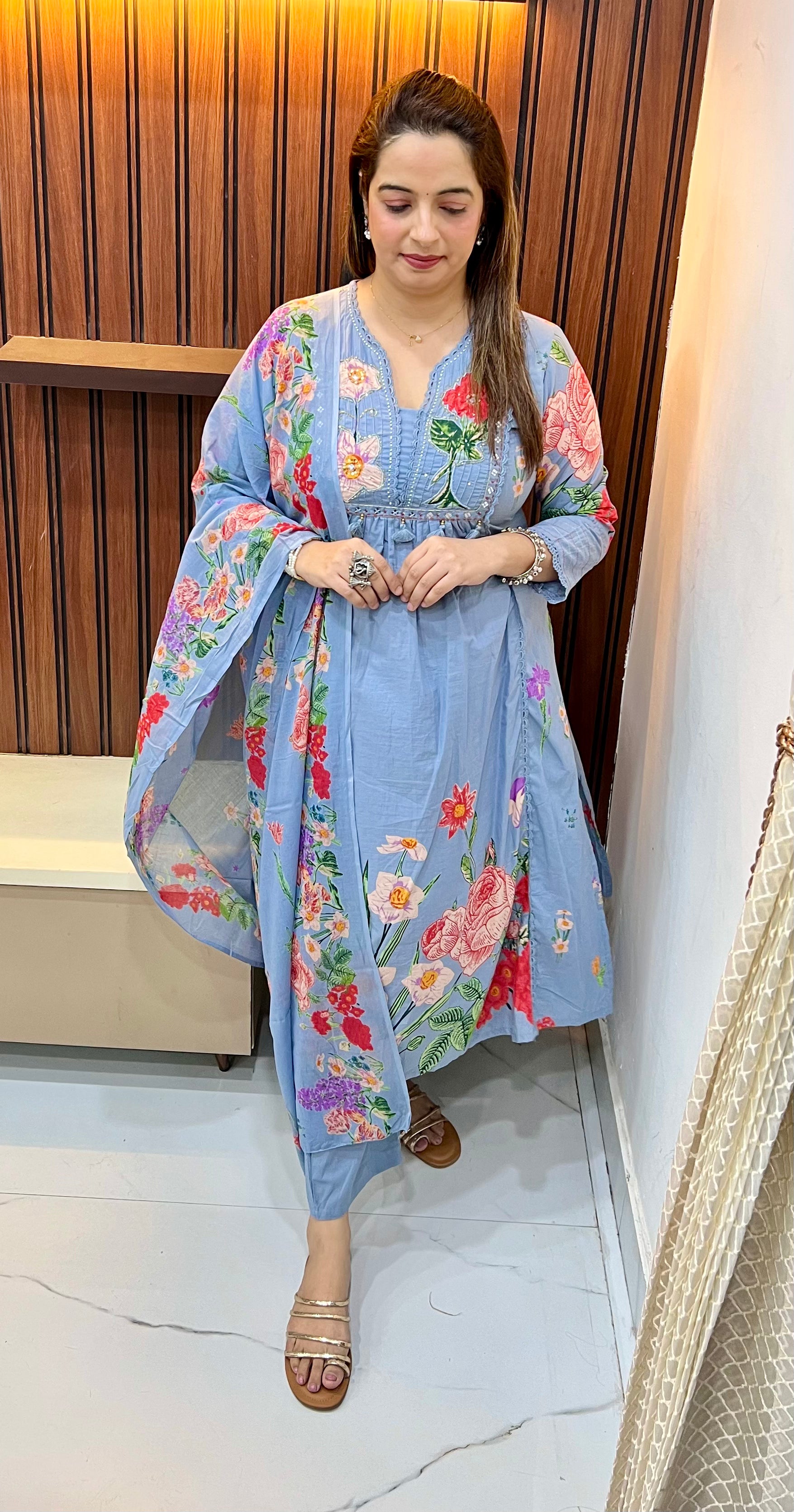 Cotton Suit with Gather & Appliqué Work