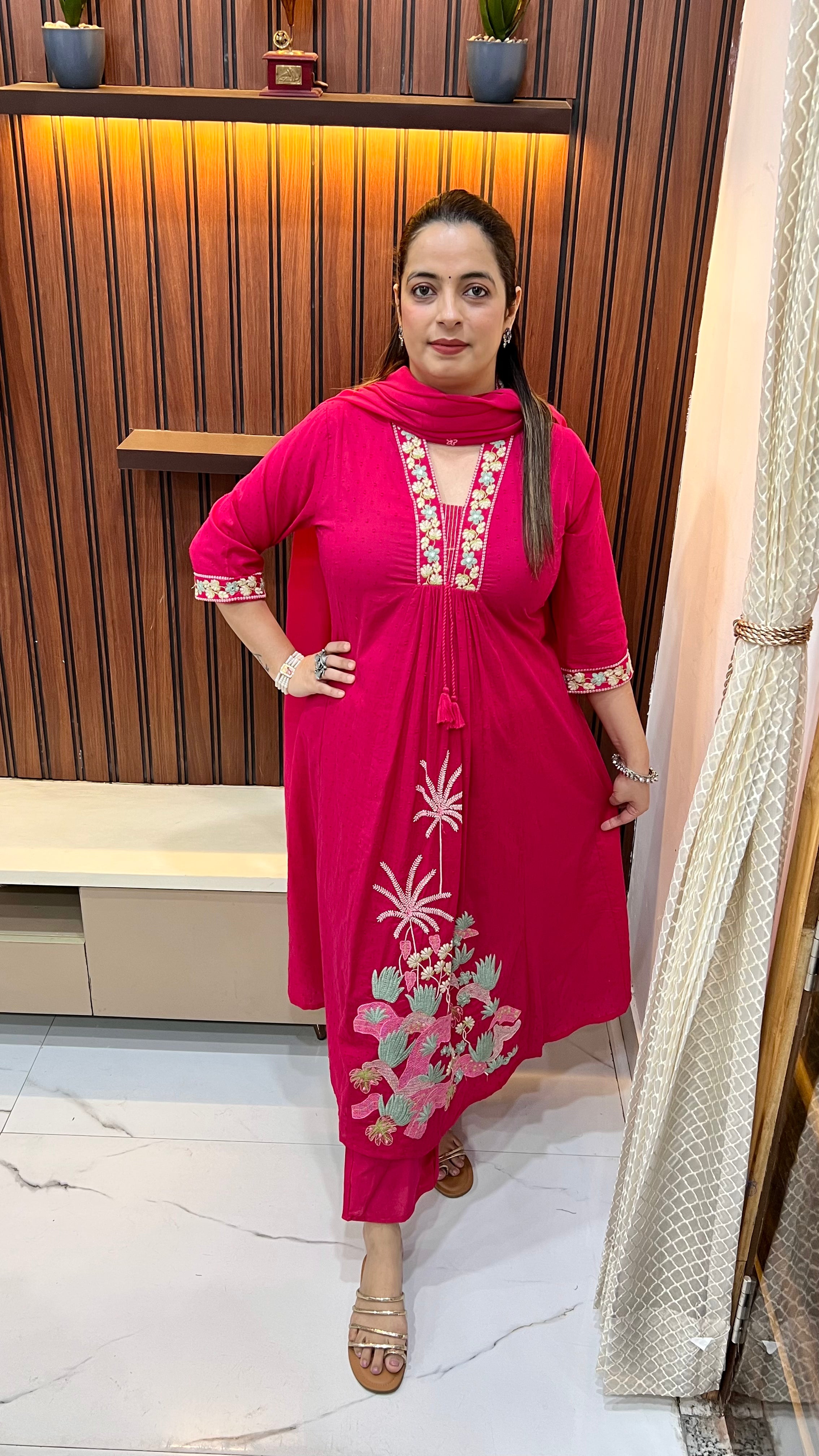 Pure Cotton Suit with Chinese Collar & Gather Work ✨