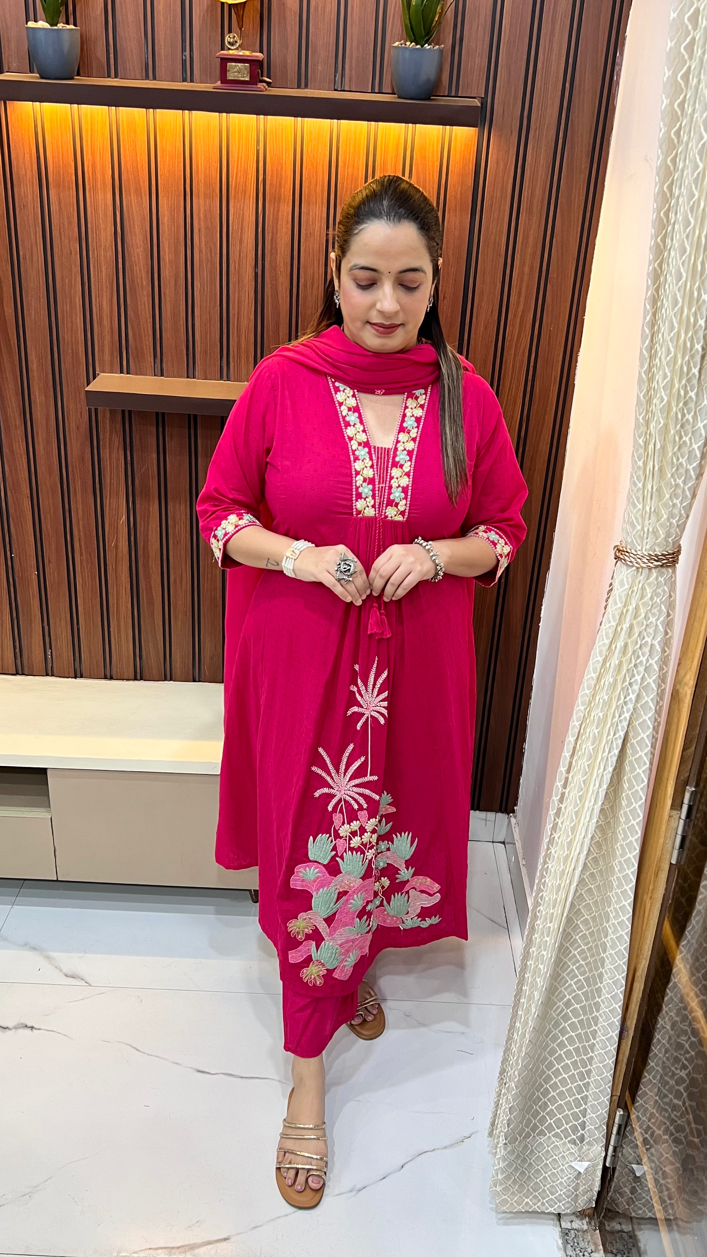 Pure Cotton Suit with Chinese Collar & Gather Work ✨