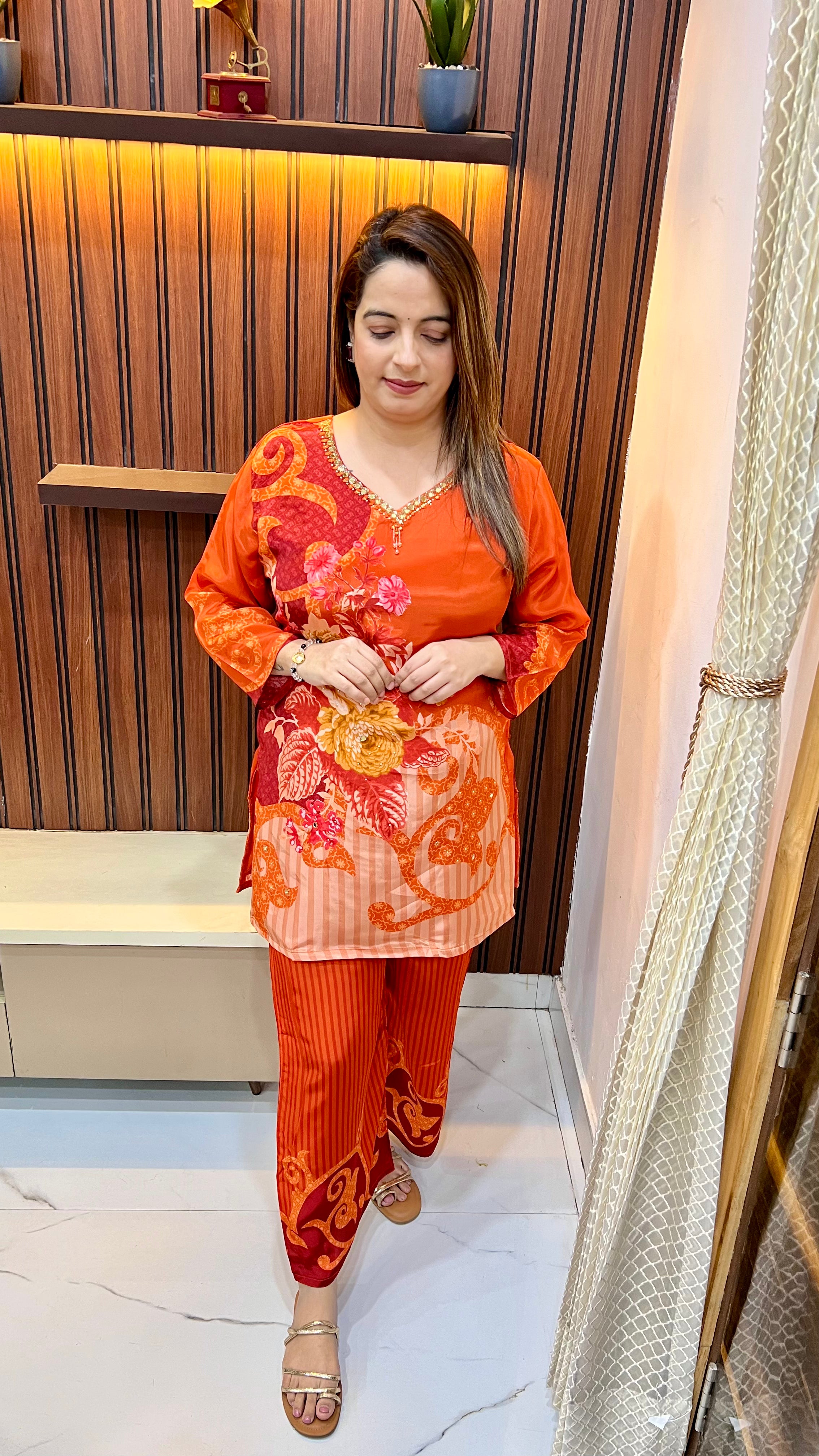 Russian Crepe Co-ord Set with Digital Print & Hand Embroidery ✨