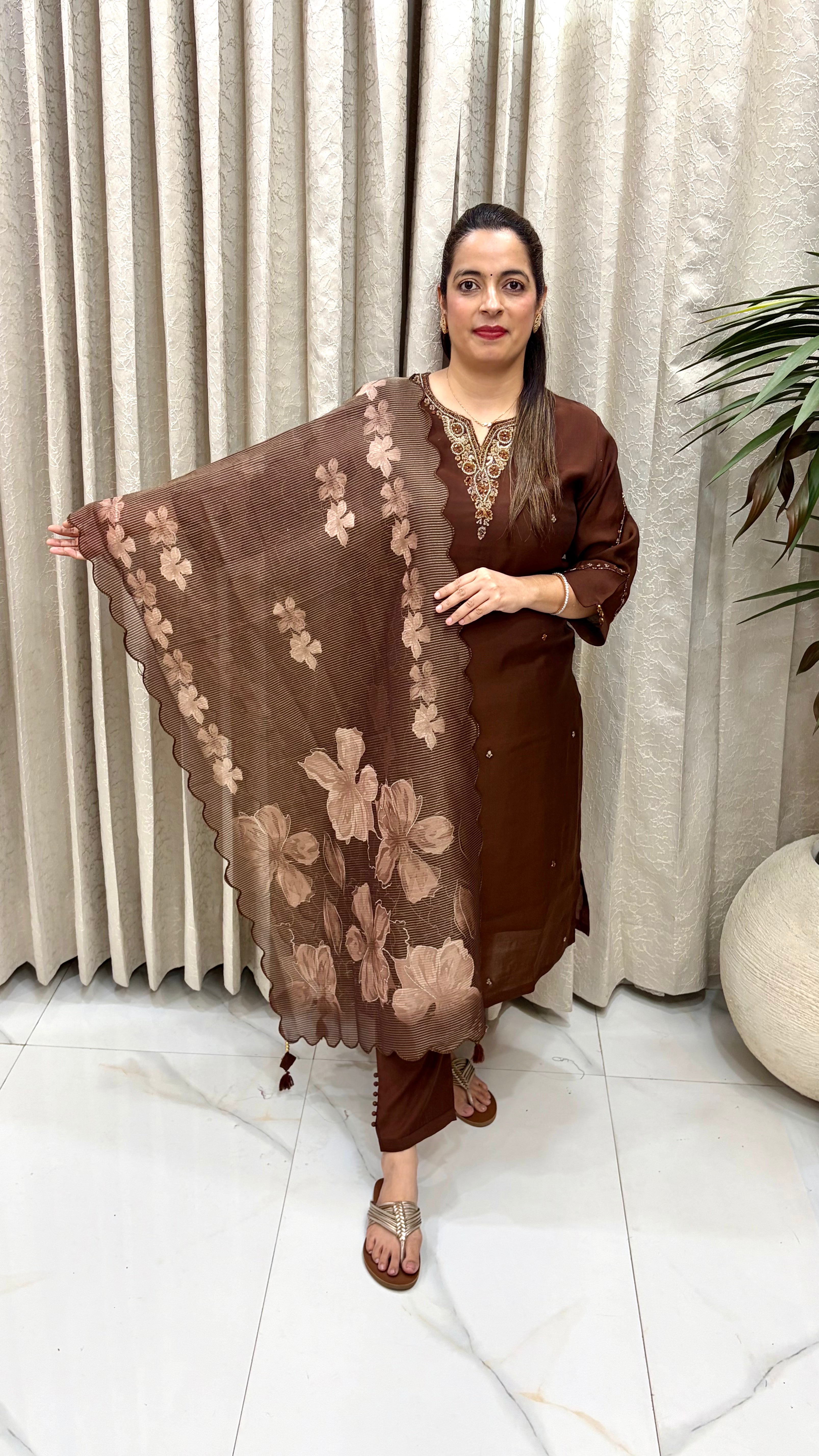 ✨ Paper Silk Suit with Organza Shimmer Floral Dupatta