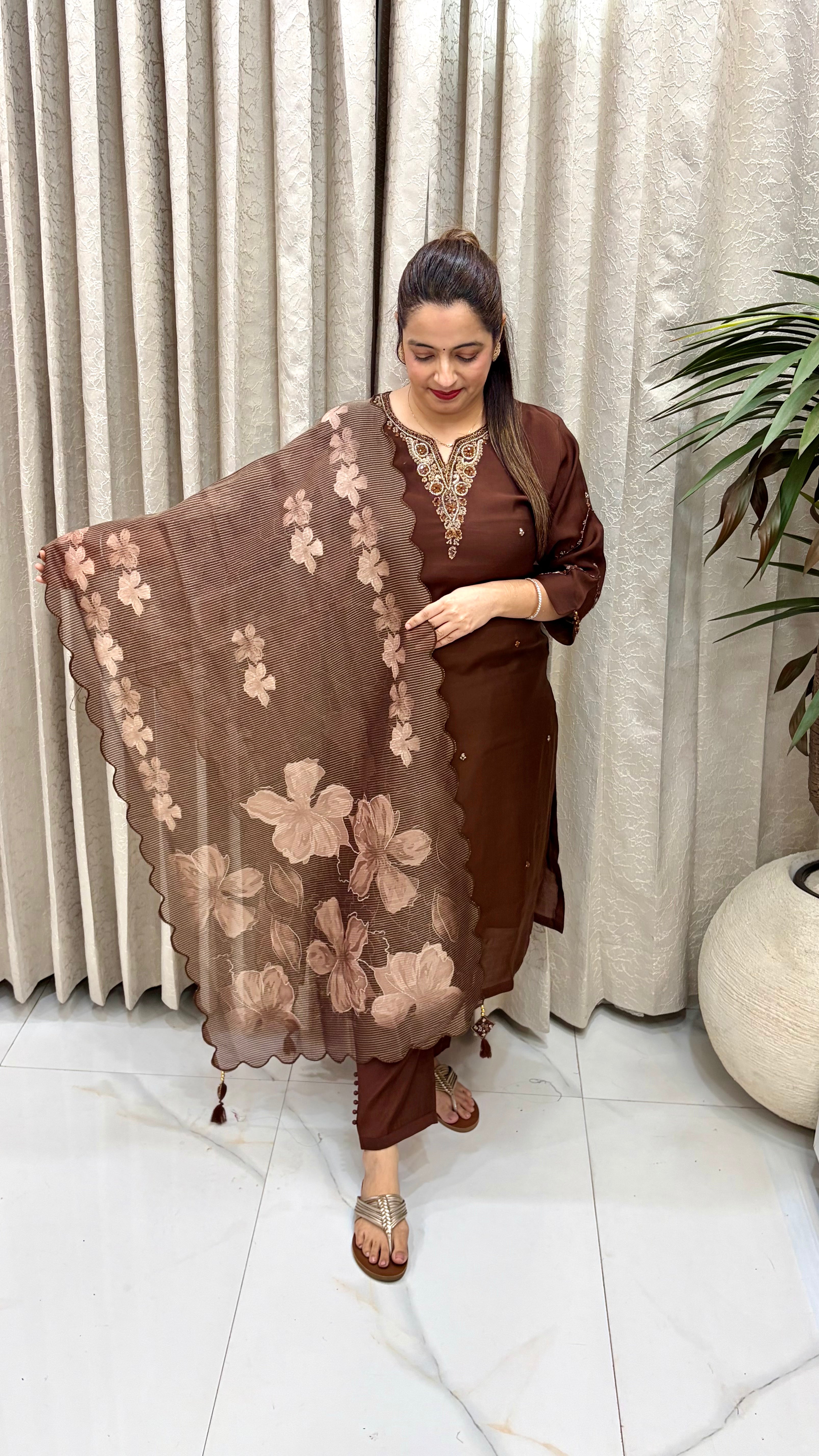 ✨ Paper Silk Suit with Organza Shimmer Floral Dupatta