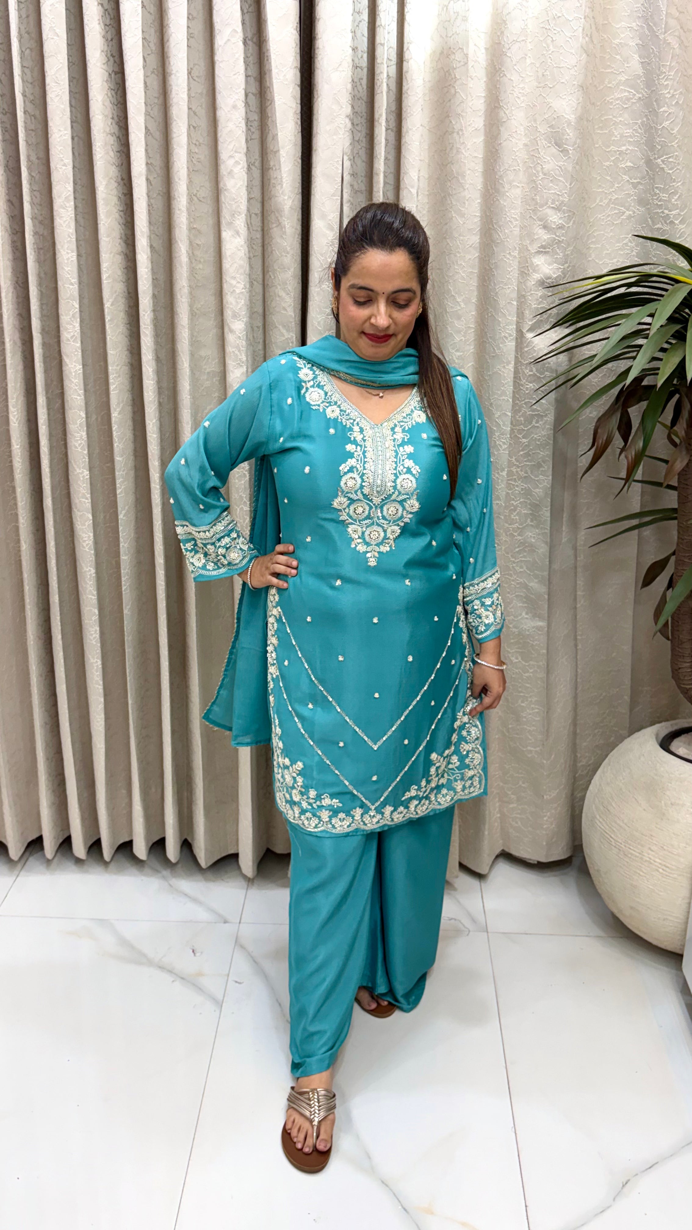 ✨ Pure Chinon Suit with Heavy Hand Embroidery & Divider