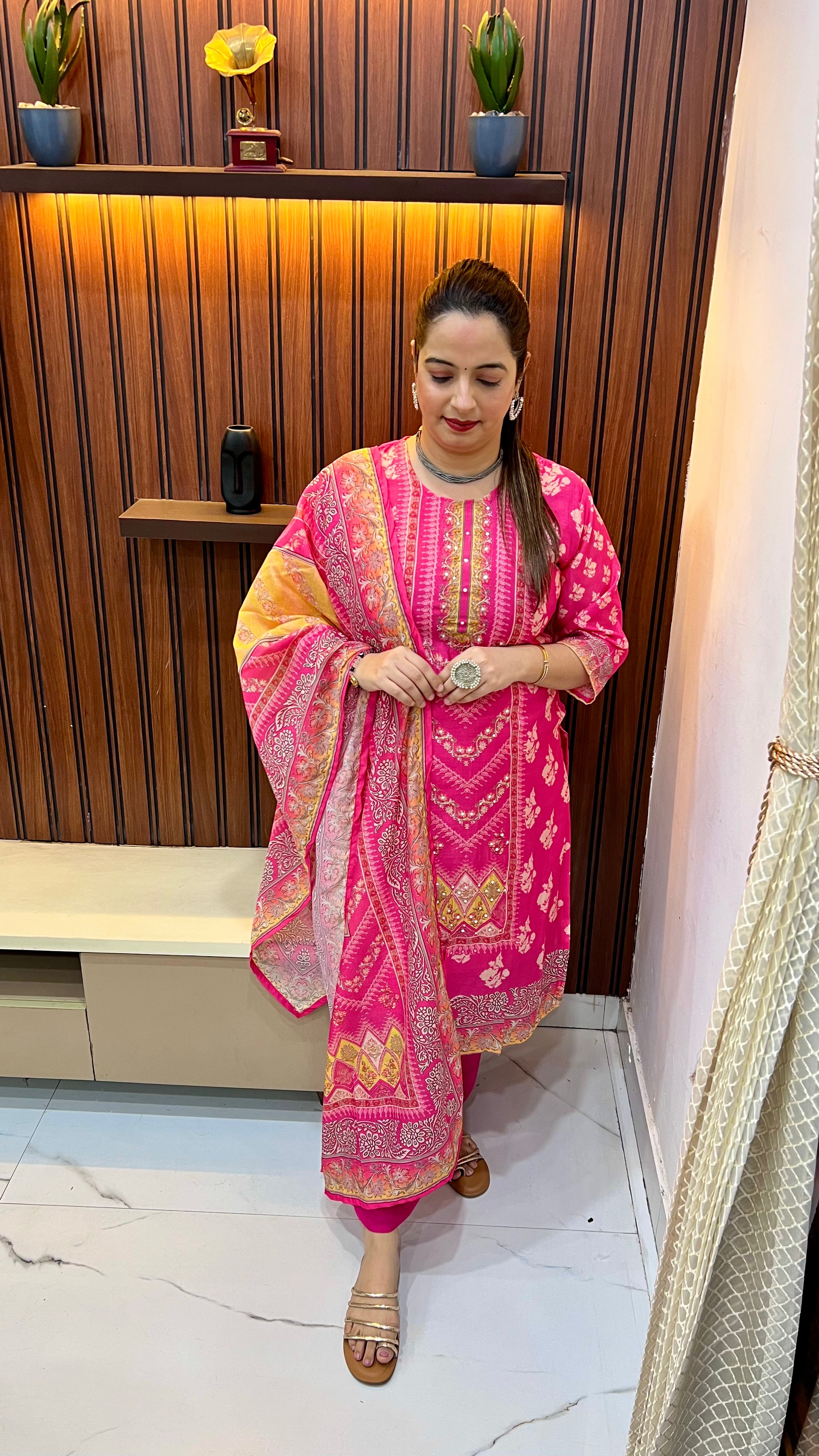 Mul Chanderi Suit with Digital Print & Hand Embroidery ✨