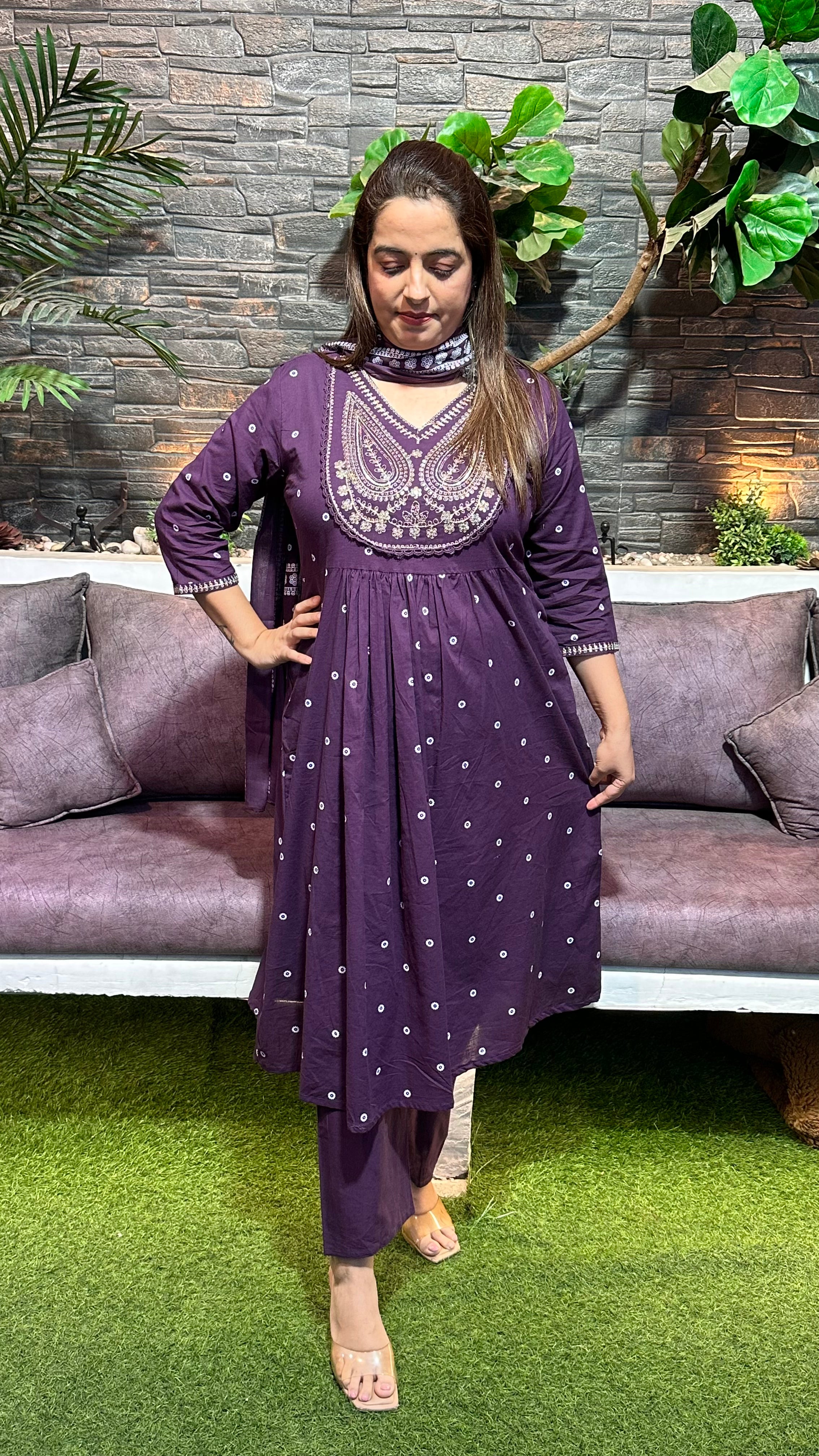 Pure Cotton A-Line Suit with Zardozi Neckline ✨