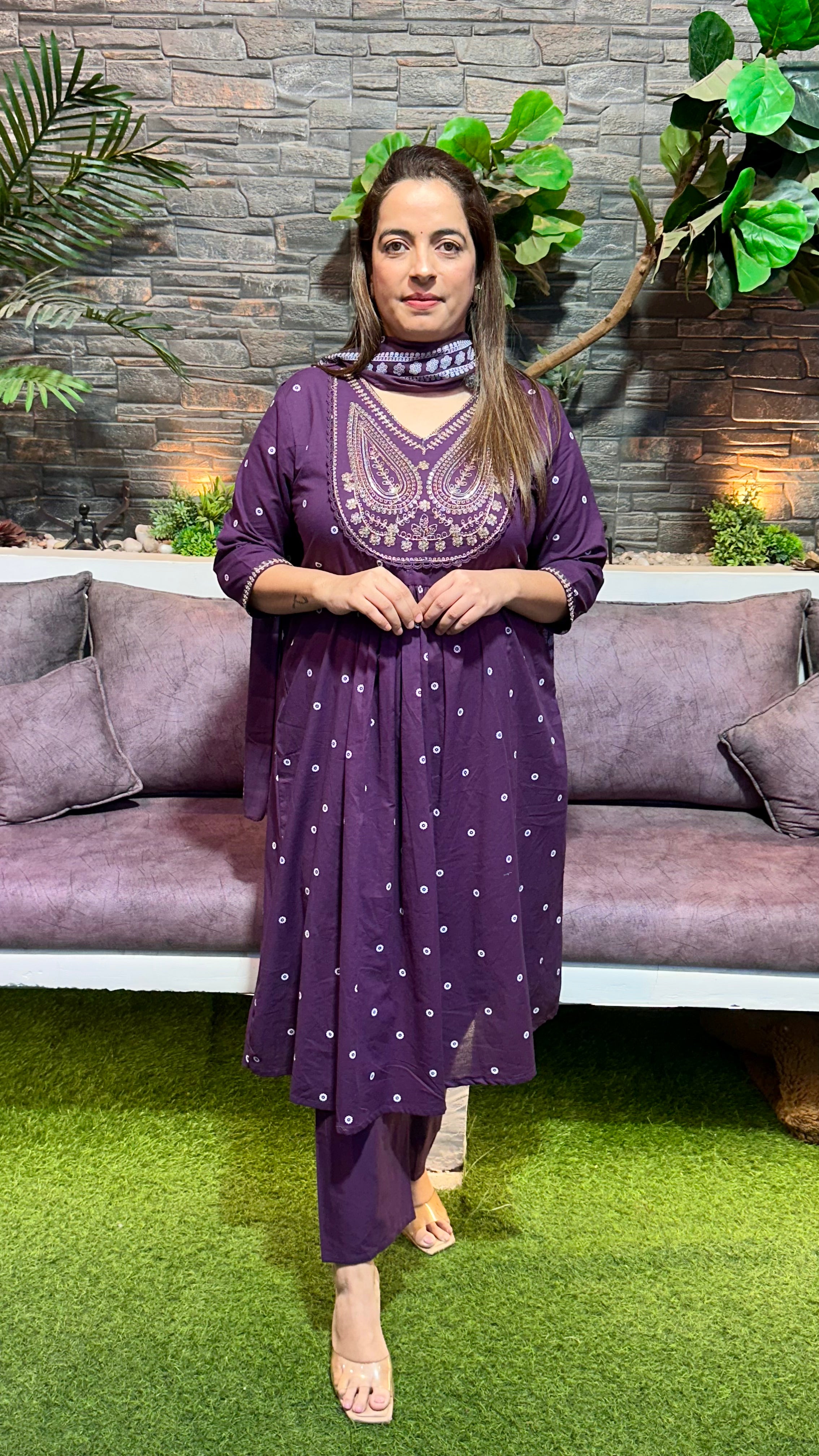 Pure Cotton A-Line Suit with Zardozi Neckline ✨