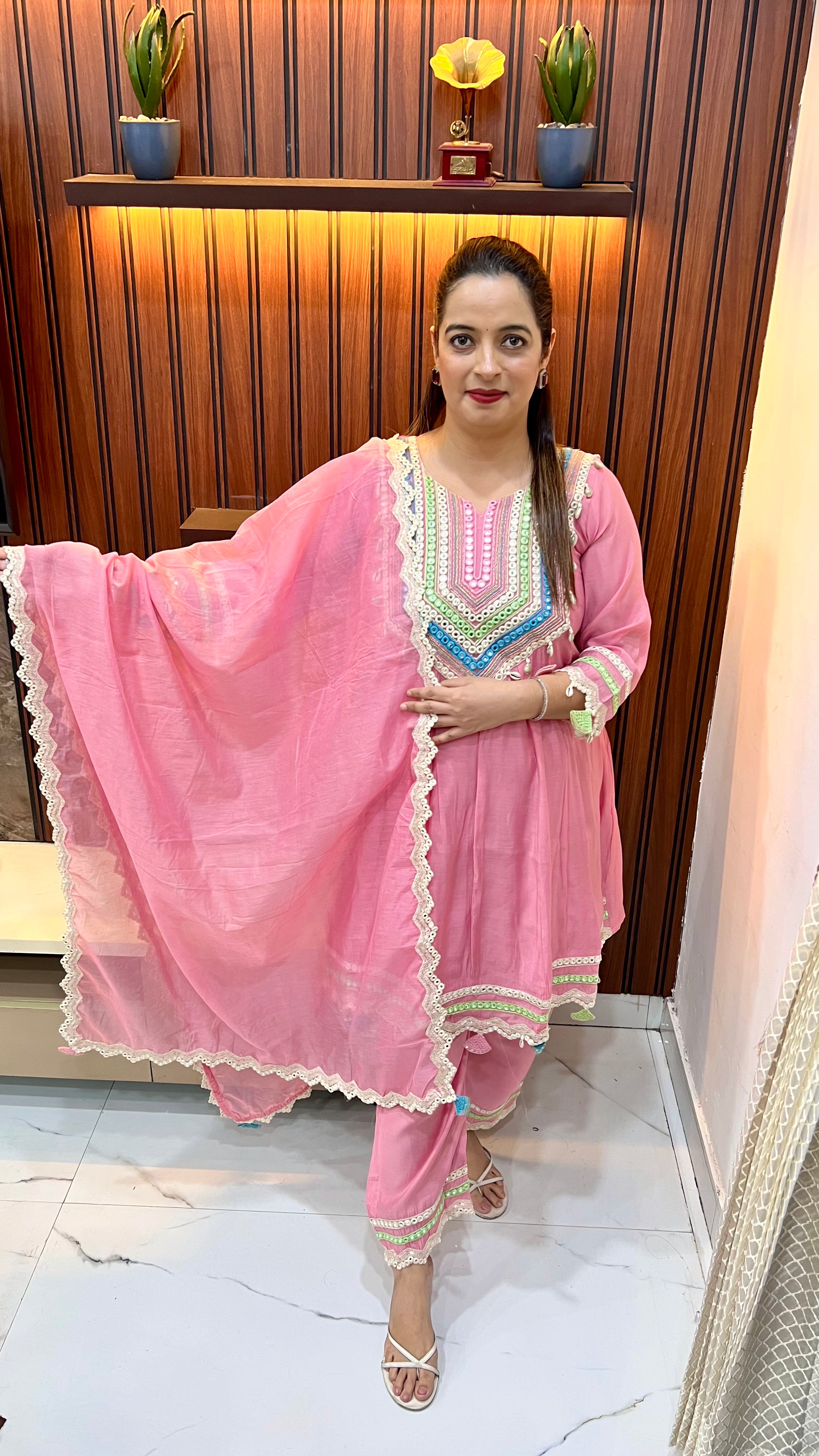Mul Chanderi Suit with Kodi’s & Mirror Work on Neckline, Ghera & Sleeves with Masleen Bottom