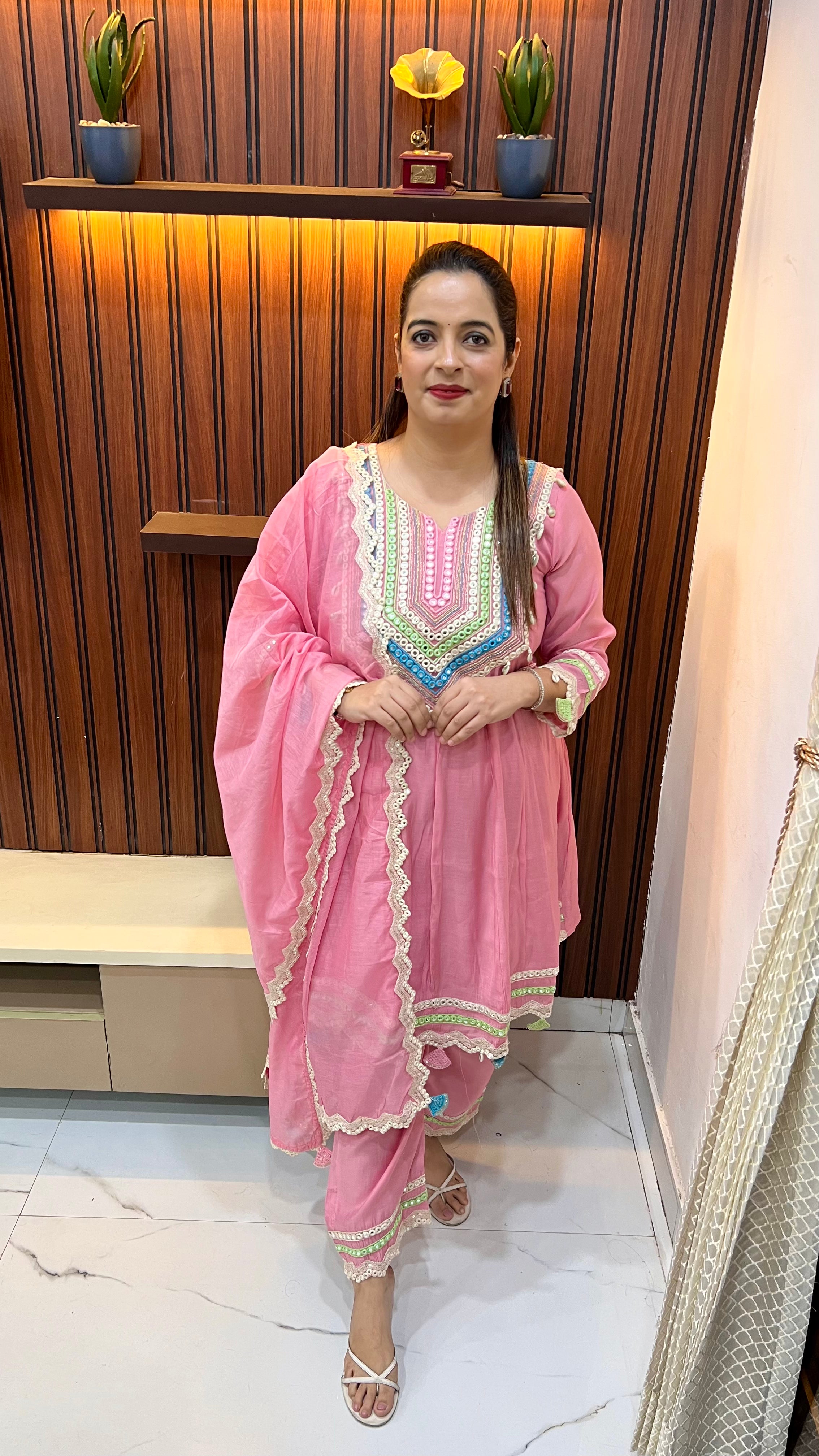 Mul Chanderi Suit with Kodi’s & Mirror Work on Neckline, Ghera & Sleeves with Masleen Bottom