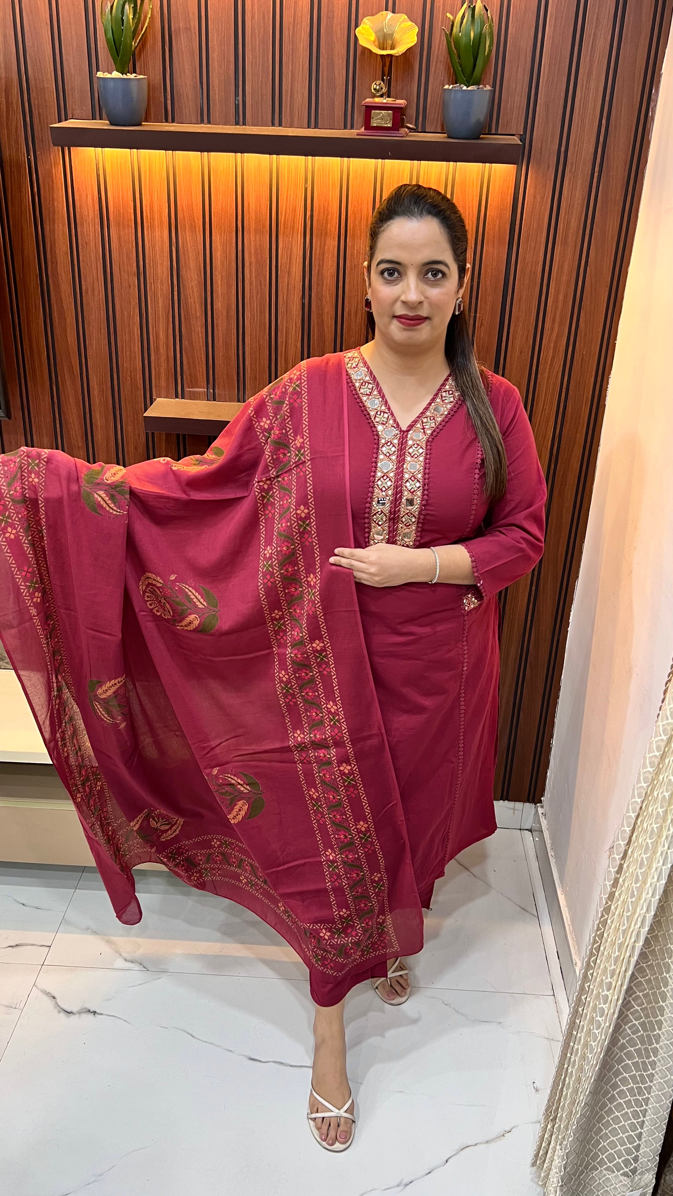 Pure Cotton 3-Piece Suit with Real Mirror, Sequence & Thread Work Neckline
