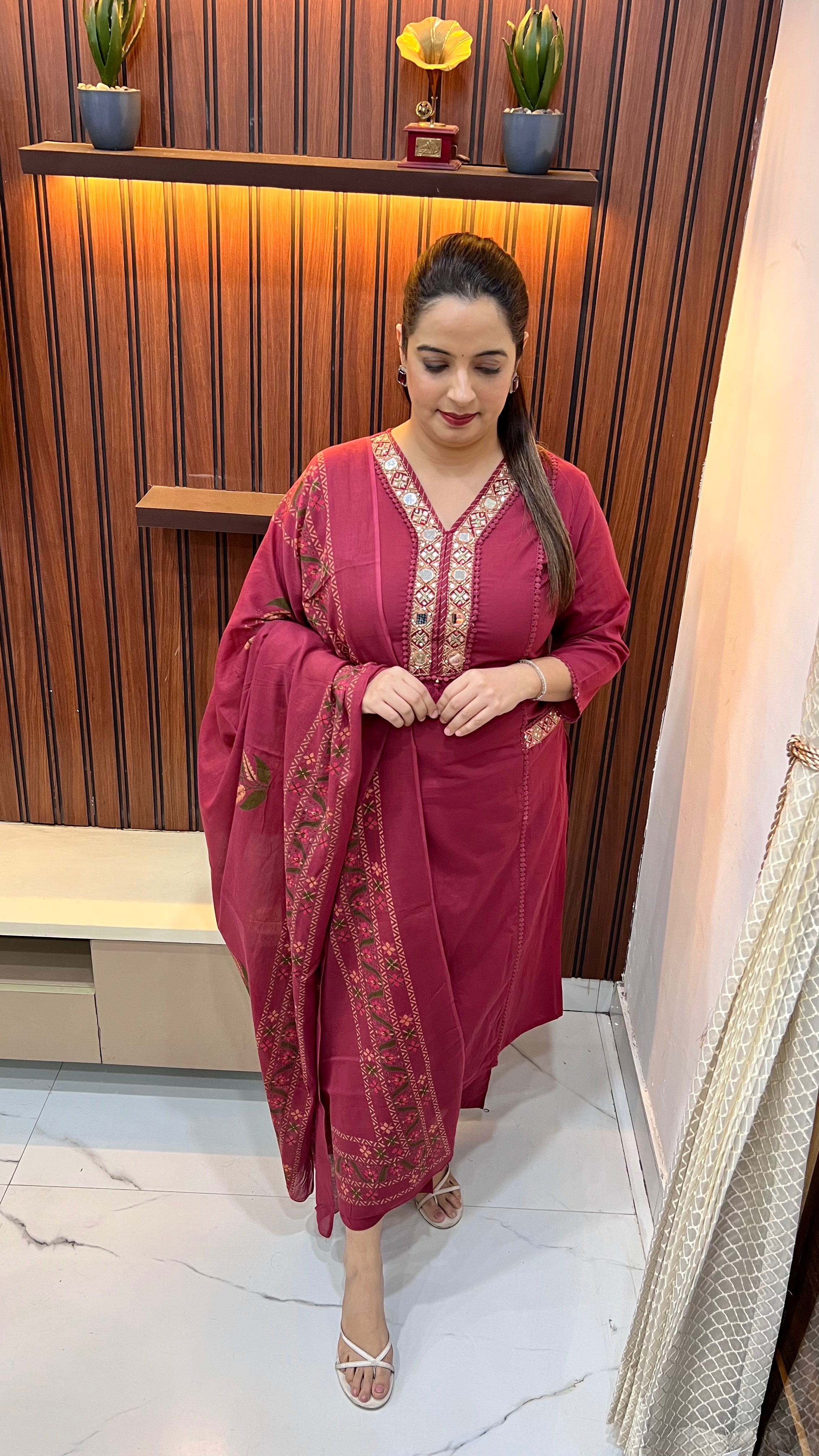 Pure Cotton 3-Piece Suit with Real Mirror, Sequence & Thread Work Neckline