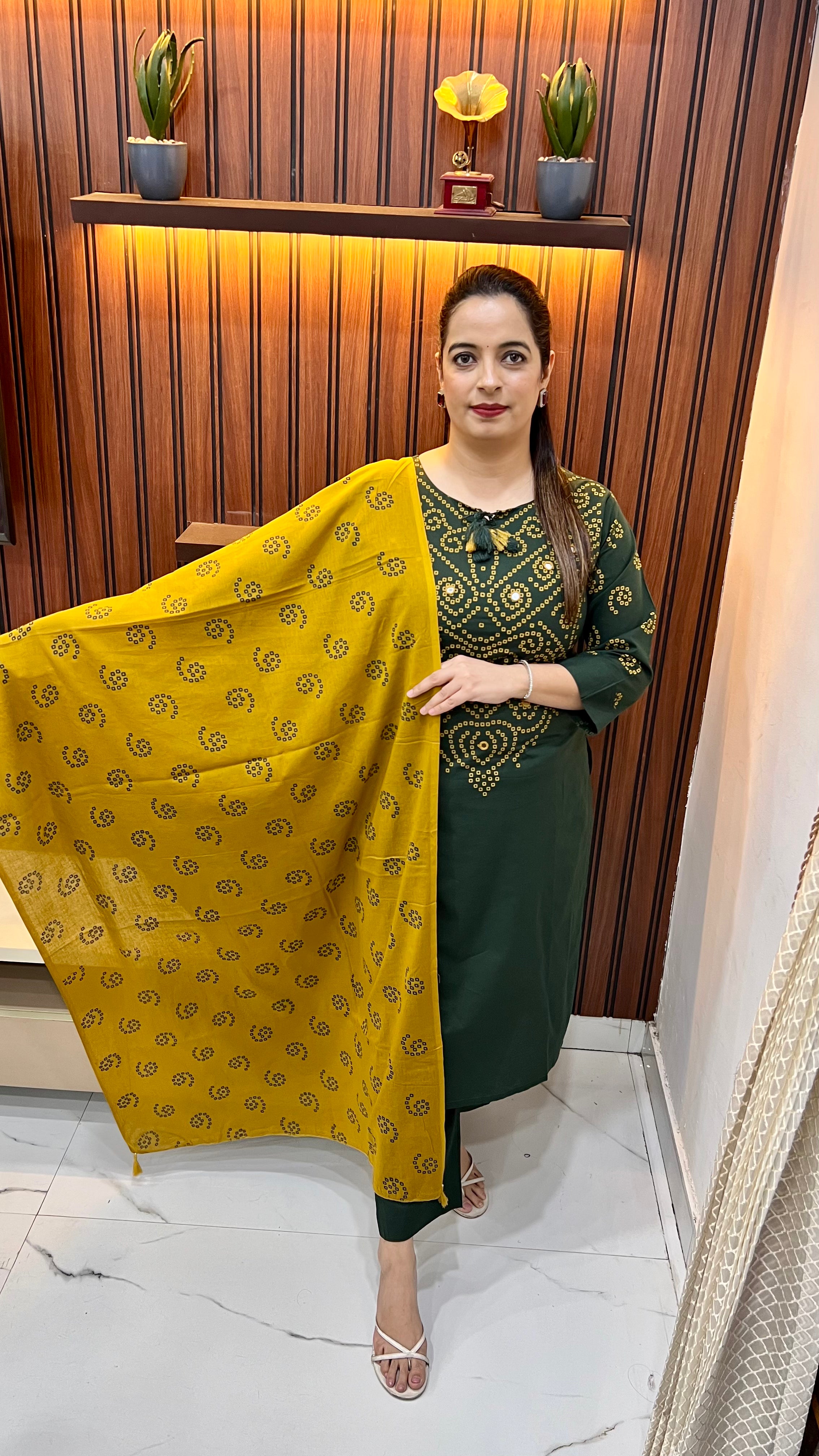 Pure Cotton Bandhani 3-Piece Suit with Mustard Dupatta