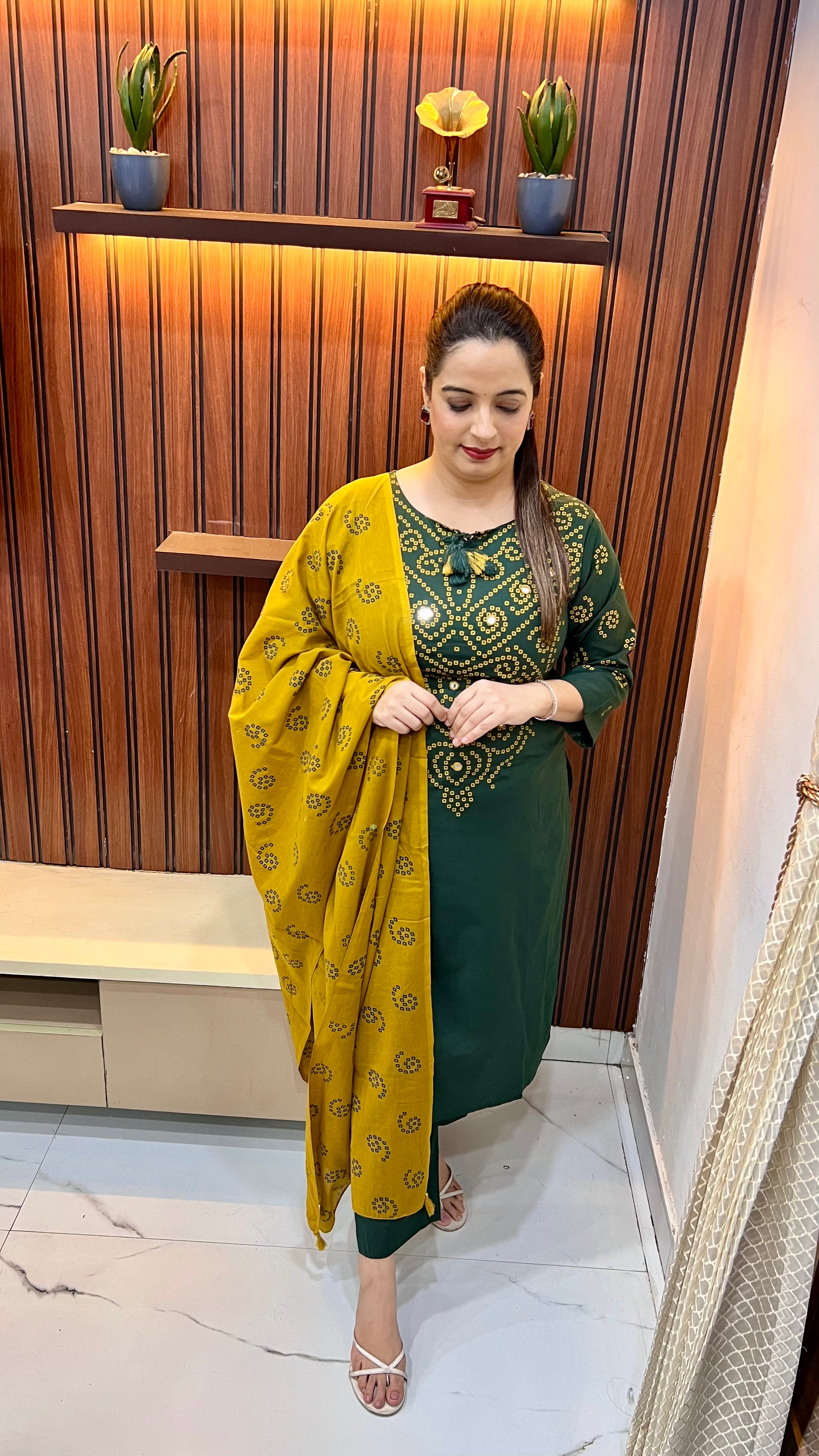 Pure Cotton Bandhani 3-Piece Suit with Mustard Dupatta