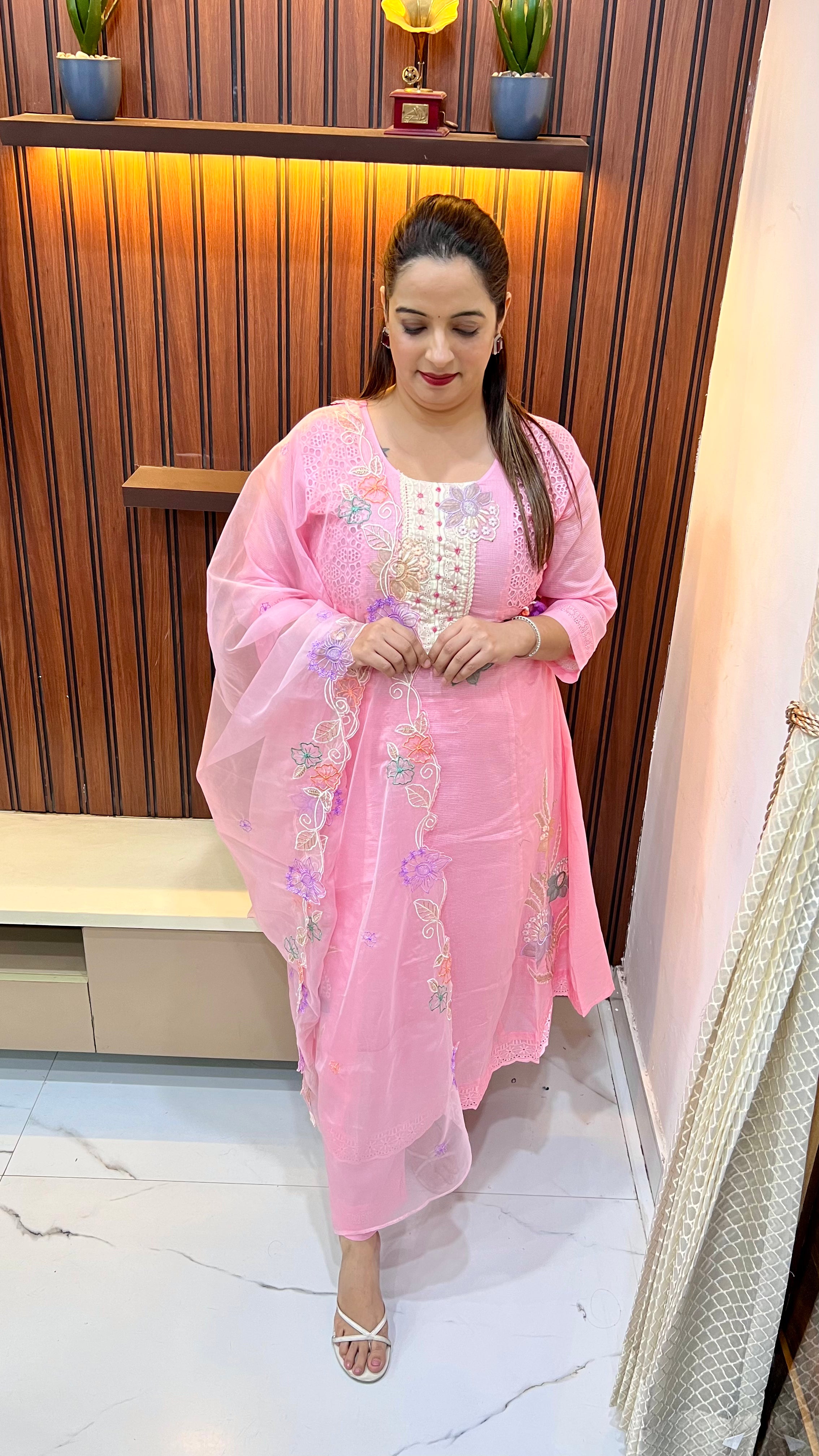 Pure Kota Doria & Schiffli A-Line 3-Piece Suit with Cotton Bottom & Organza Cut Work Dupatta