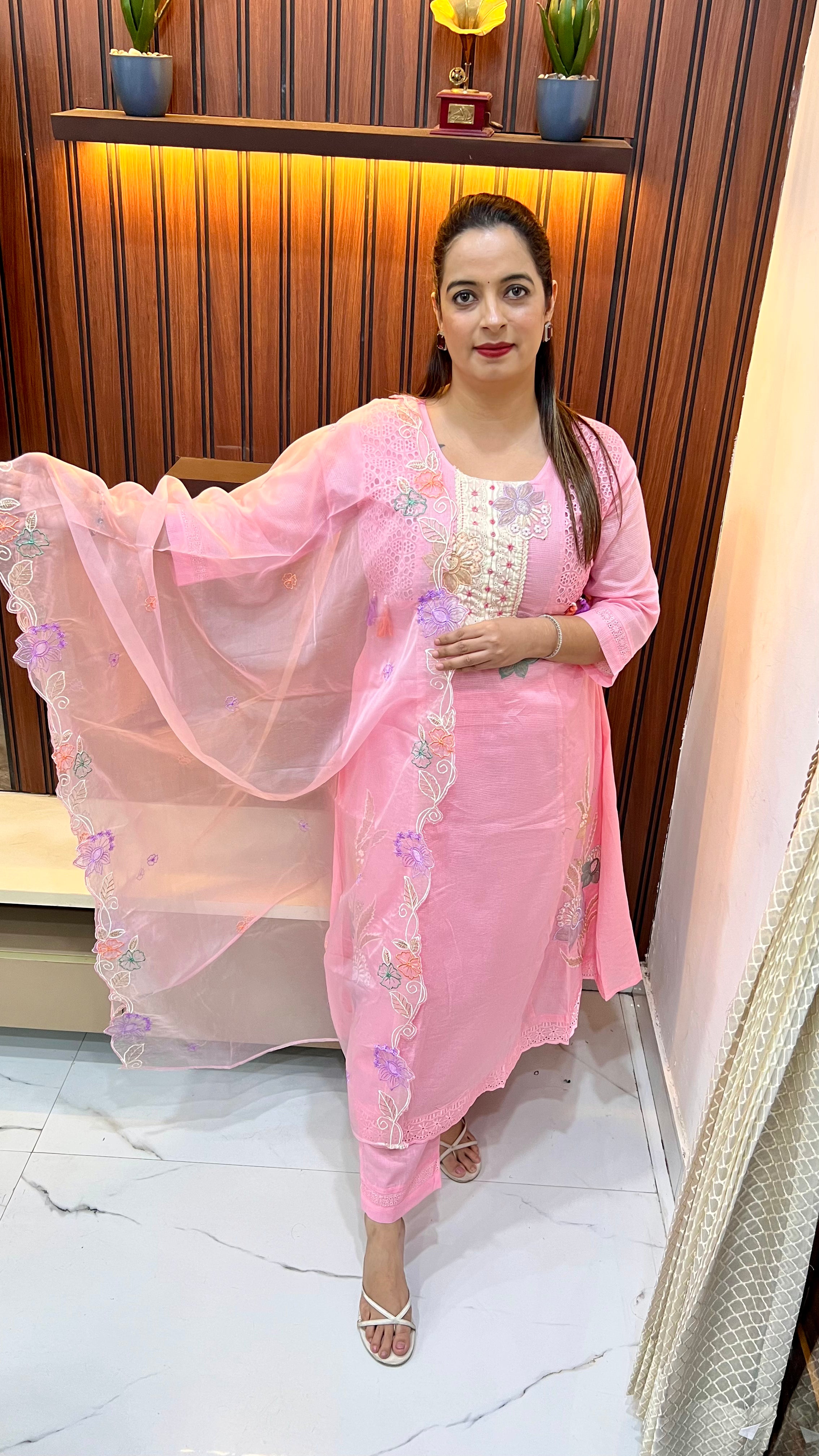 Pure Kota Doria & Schiffli A-Line 3-Piece Suit with Cotton Bottom & Organza Cut Work Dupatta