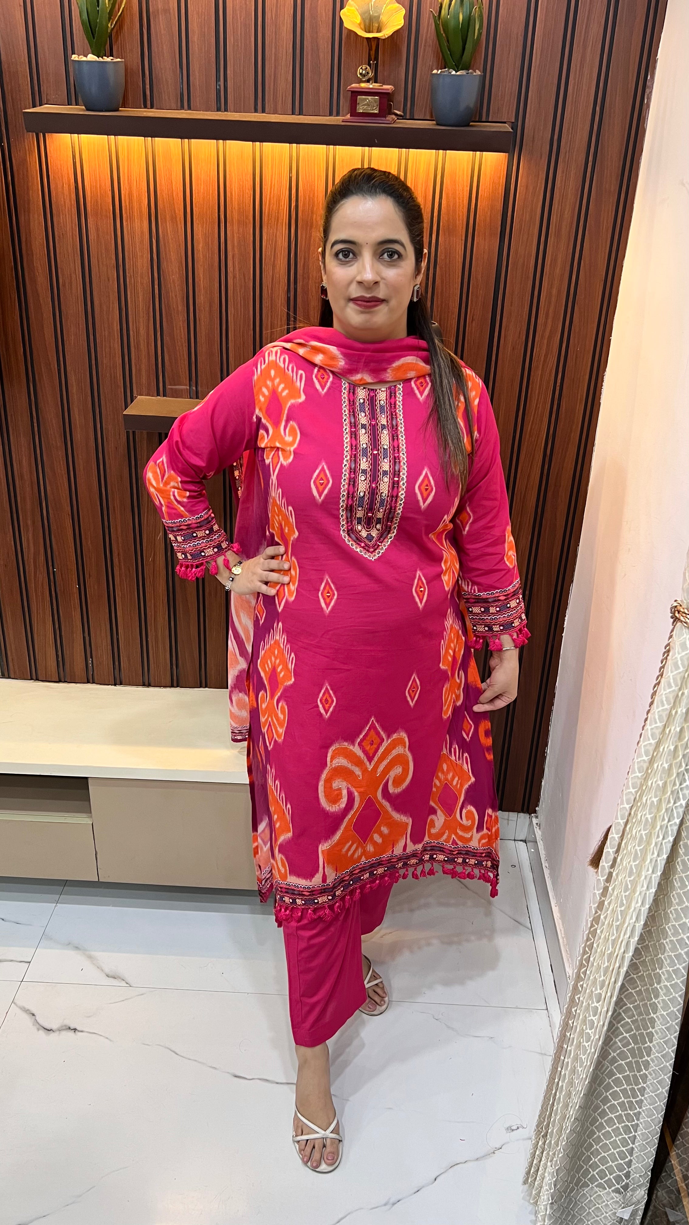 Pure Cotton Suit with Side Slits, Mirror Work & C-Cut Ghera with Handmade Tassels