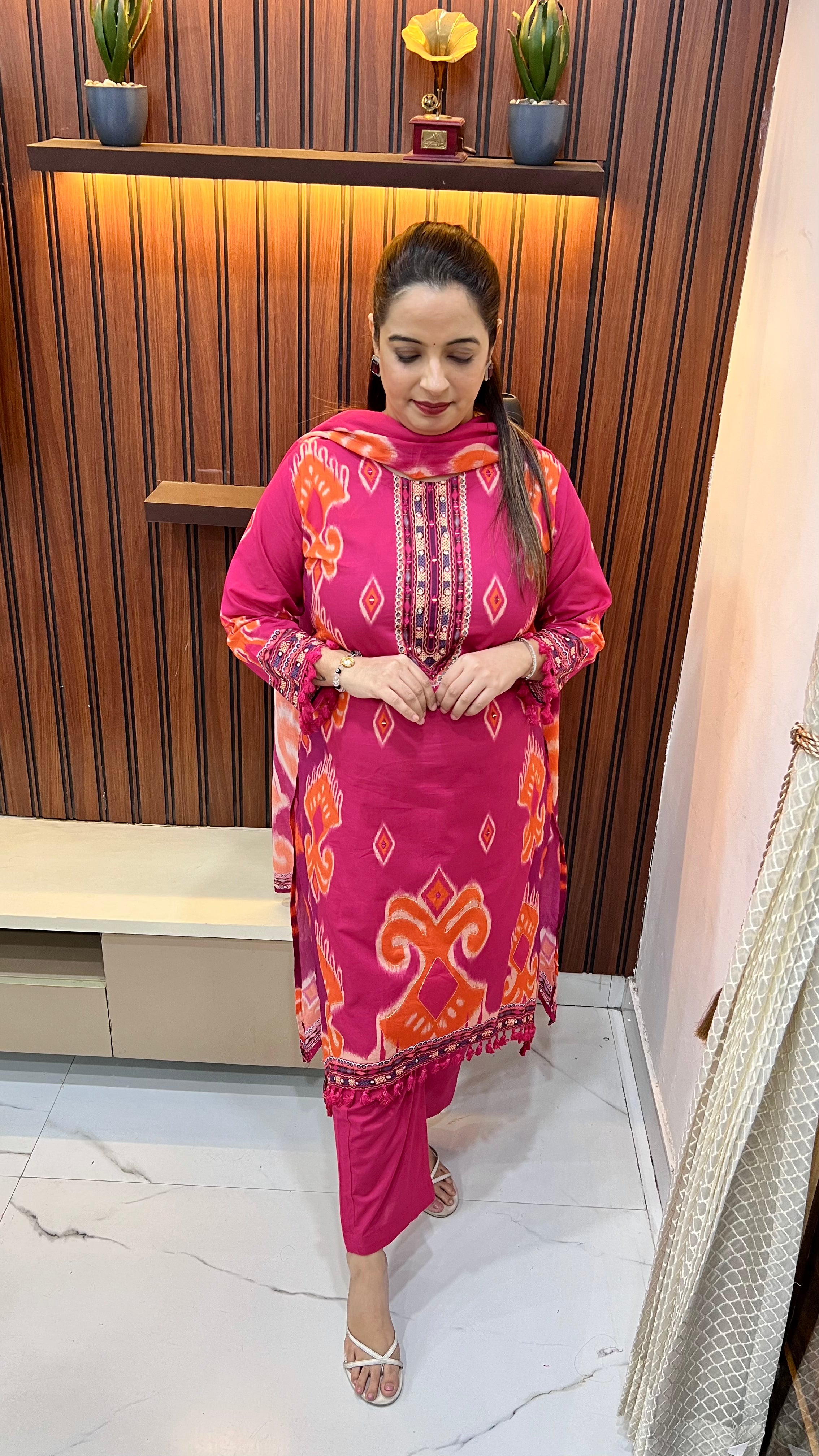 Pure Cotton Suit with Side Slits, Mirror Work & C-Cut Ghera with Handmade Tassels