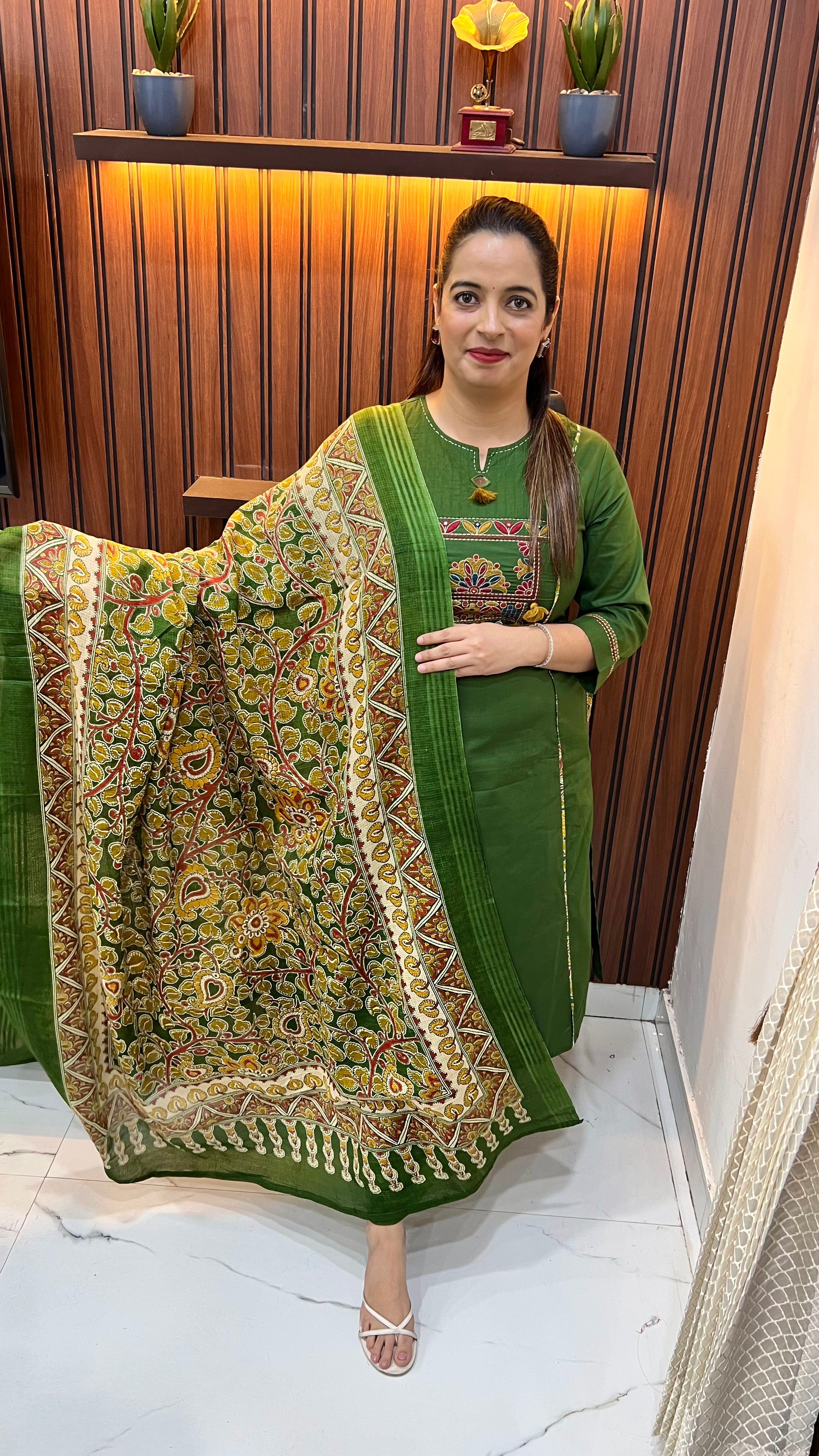 Pure Cotton Suit with Madhubani Art Dupatta, Mirror Work Neckline & Dual Side Pockets