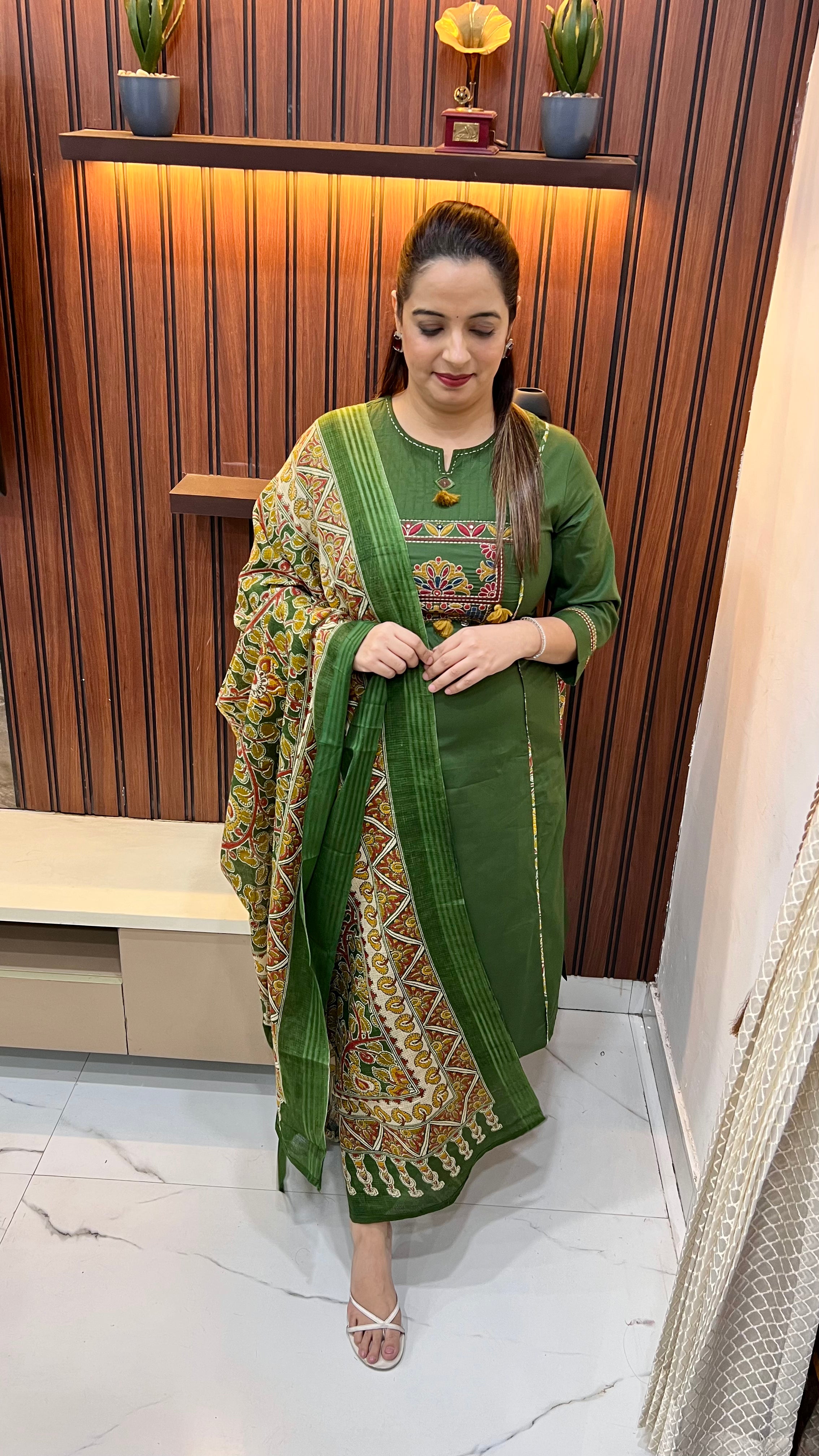 Pure Cotton Suit with Madhubani Art Dupatta, Mirror Work Neckline & Dual Side Pockets