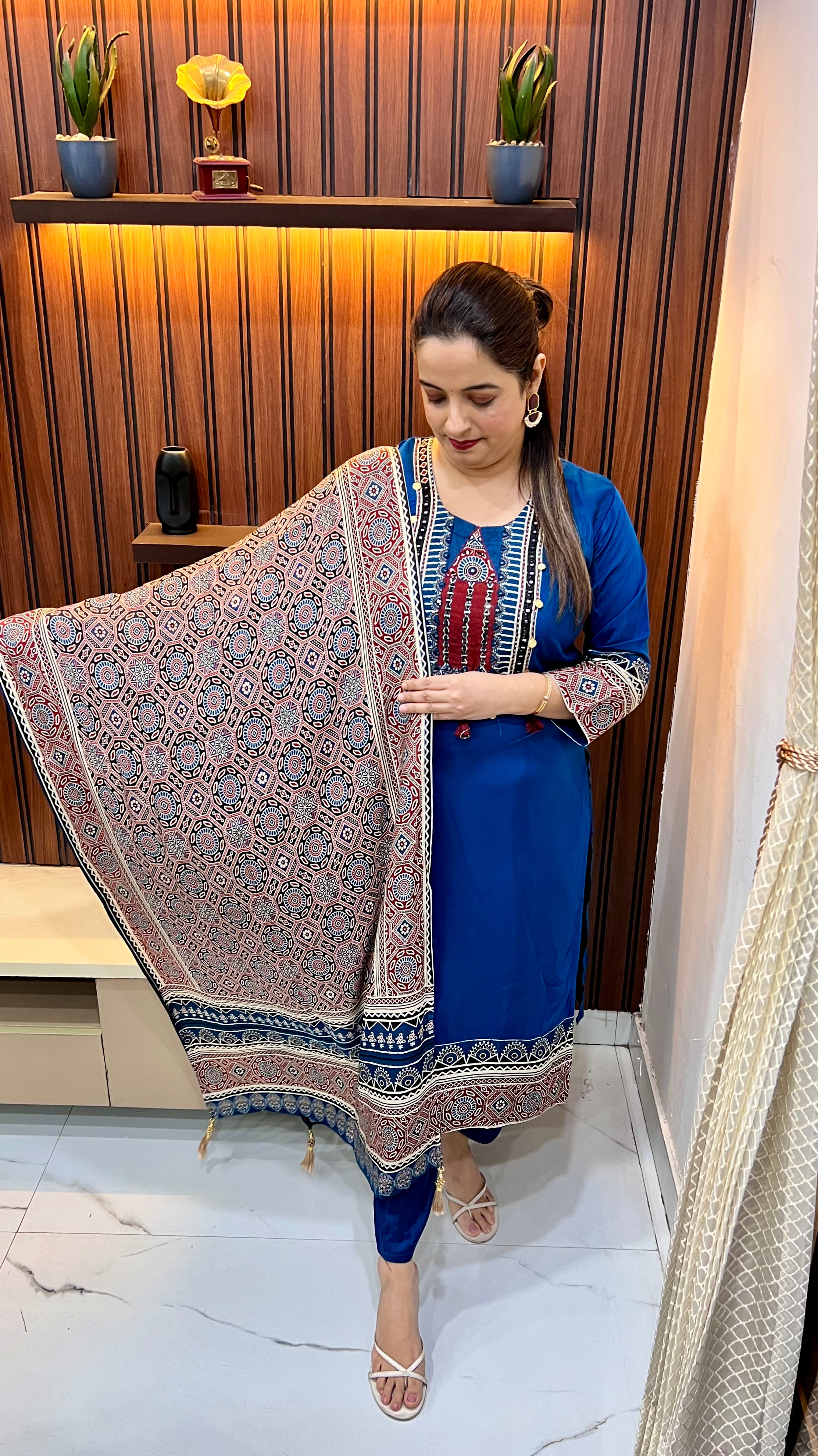 Premium Russian Crepe Suit with Ajrak Print, Mirror & Ginni Work with Ajrak Dupatta