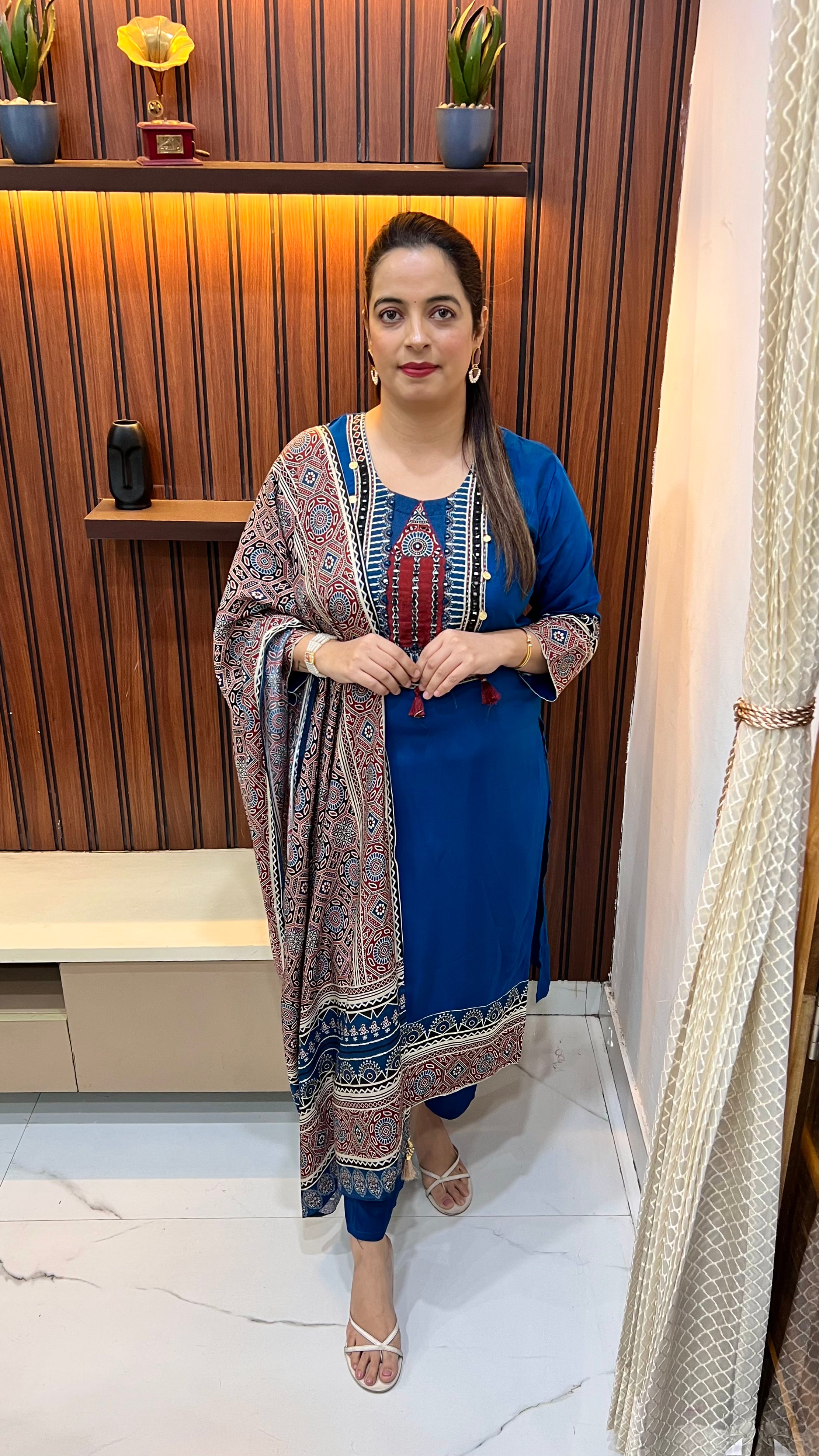 Premium Russian Crepe Suit with Ajrak Print, Mirror & Ginni Work with Ajrak Dupatta