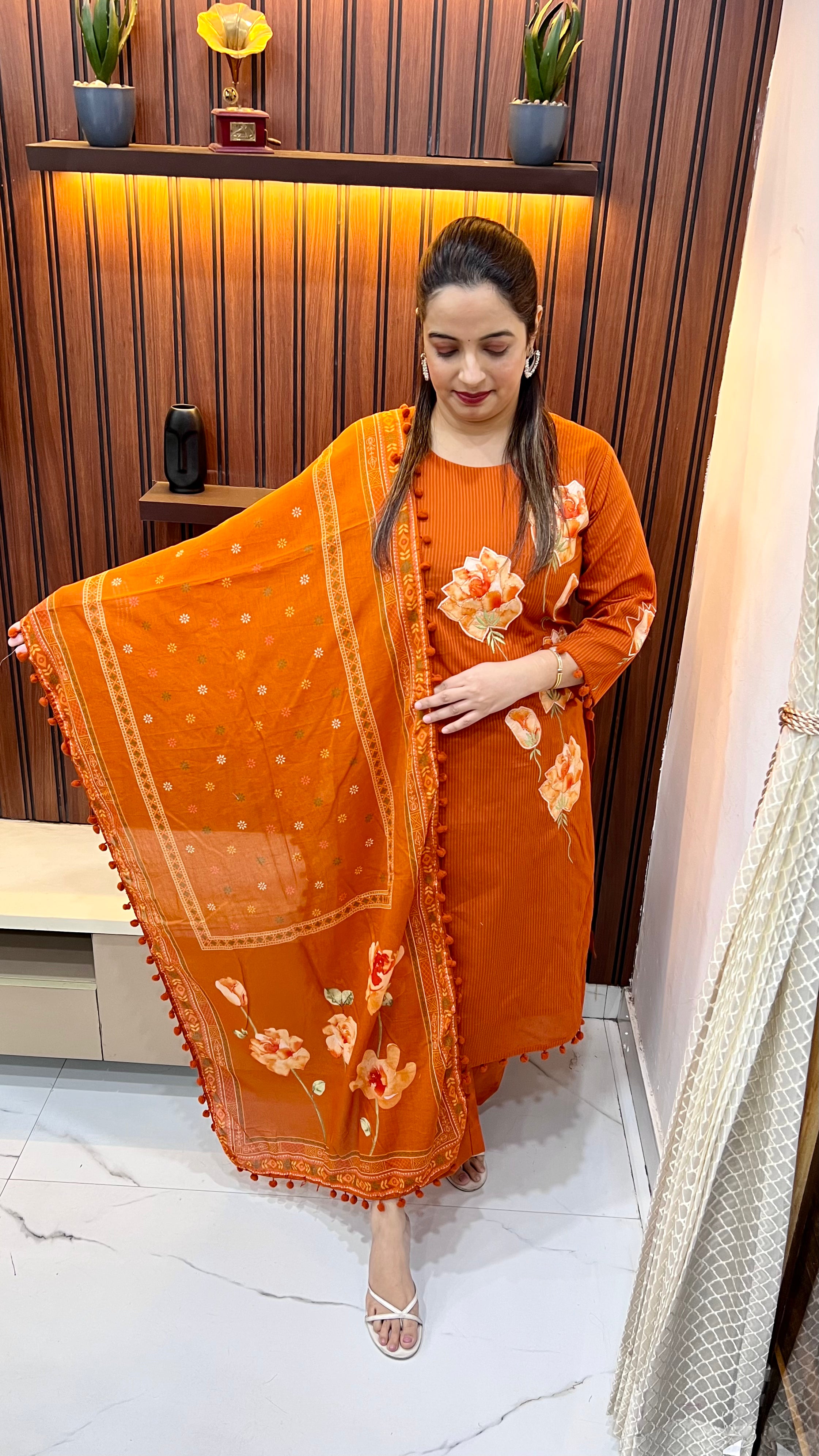 Pure Cotton Suit with Appliqué Work Shirt, Pom-Pom Detailing & Digital Dupatta