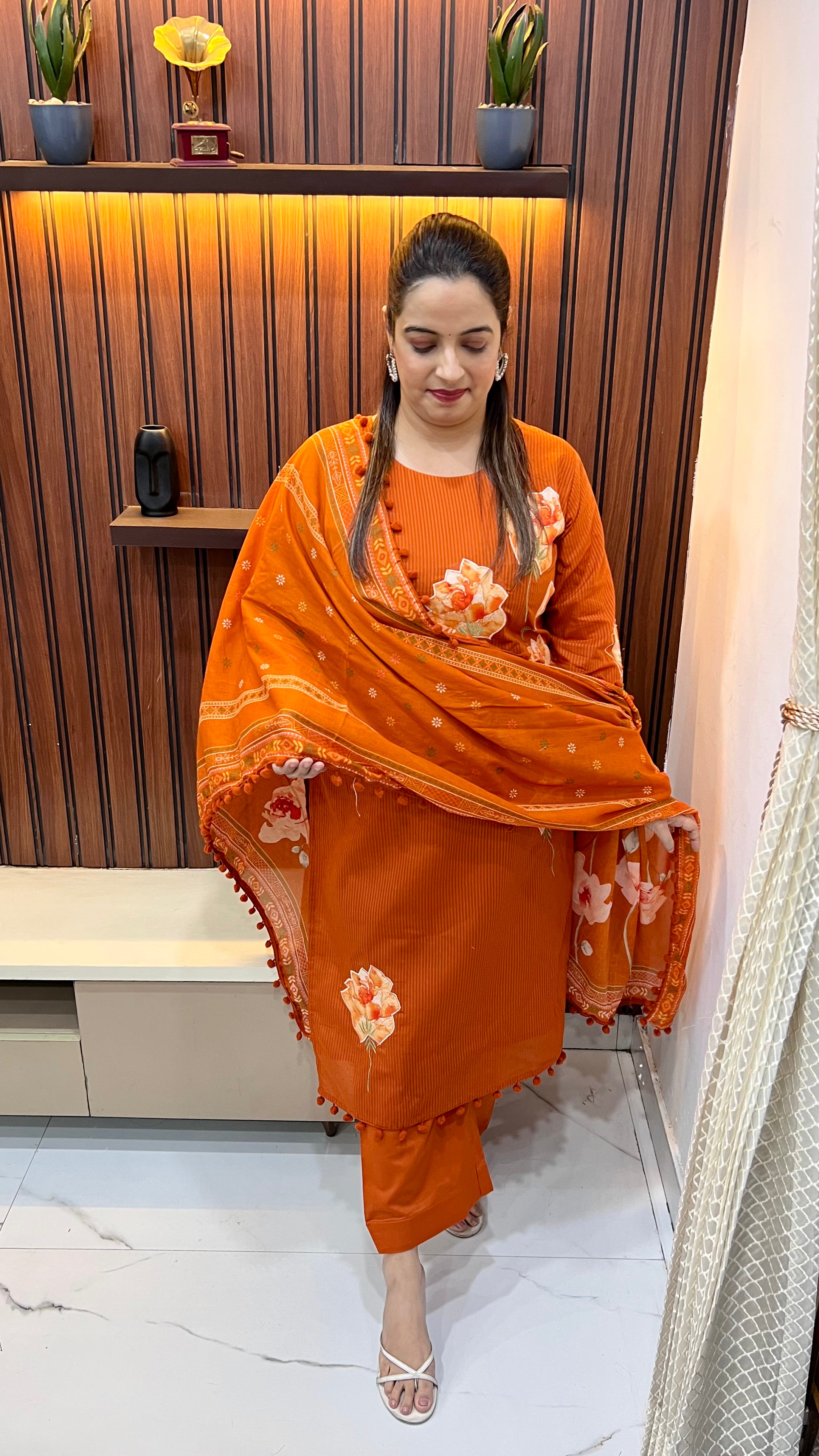 Pure Cotton Suit with Appliqué Work Shirt, Pom-Pom Detailing & Digital Dupatta