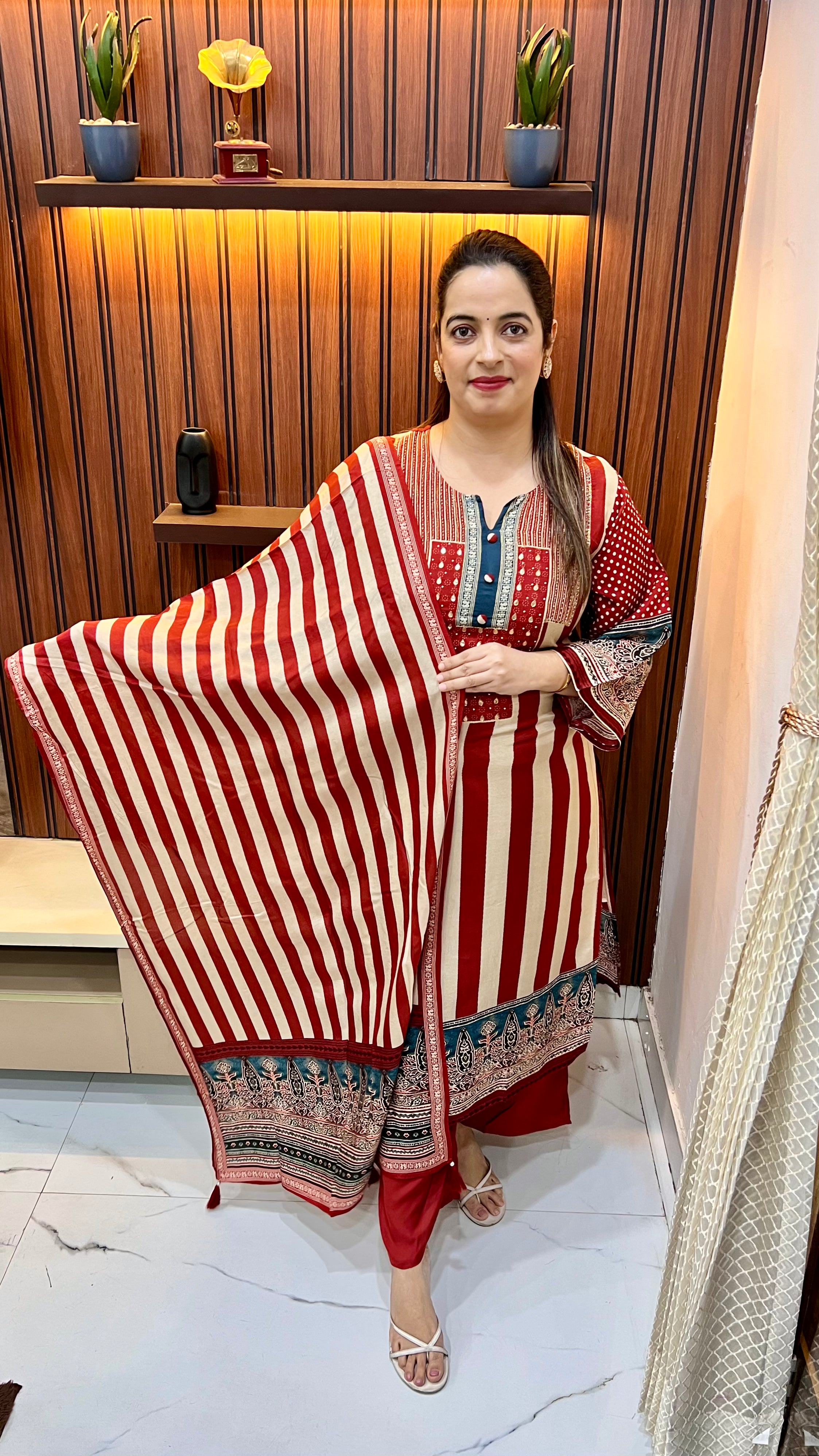 Paper Silk Ajrak Work Suit with Real Gotta & Zardozi Work, Shantoon Bottom & Ajrak Stripes Dupatta