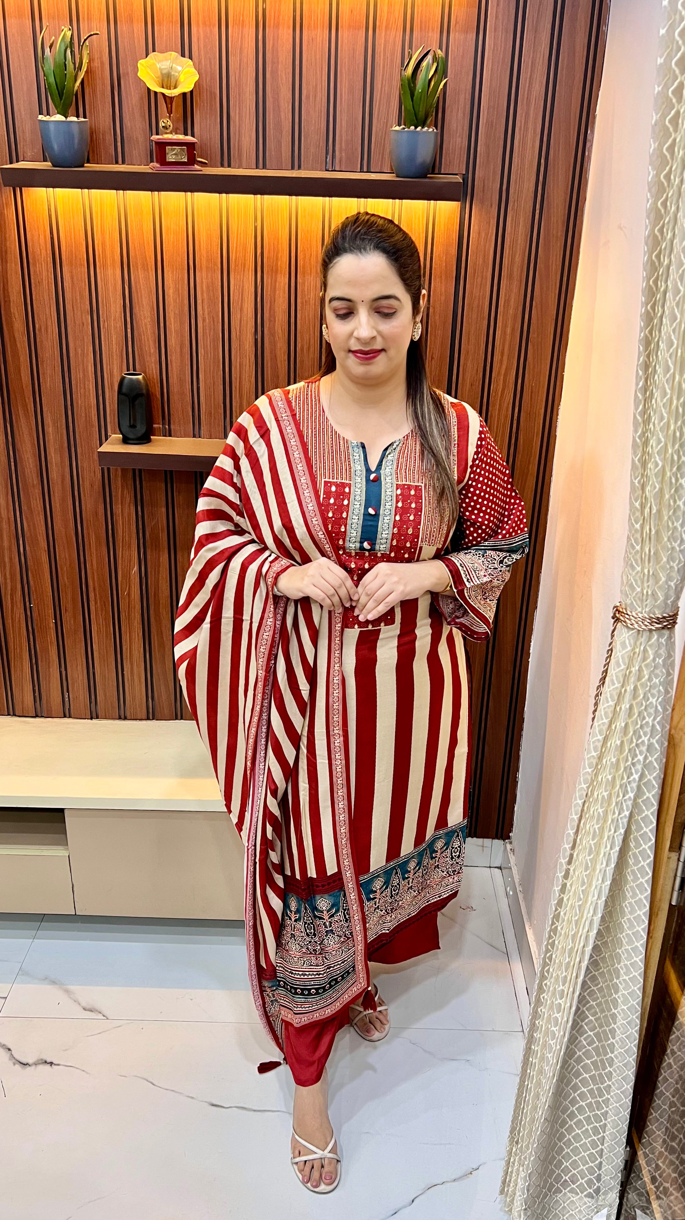Paper Silk Ajrak Work Suit with Real Gotta & Zardozi Work, Shantoon Bottom & Ajrak Stripes Dupatta