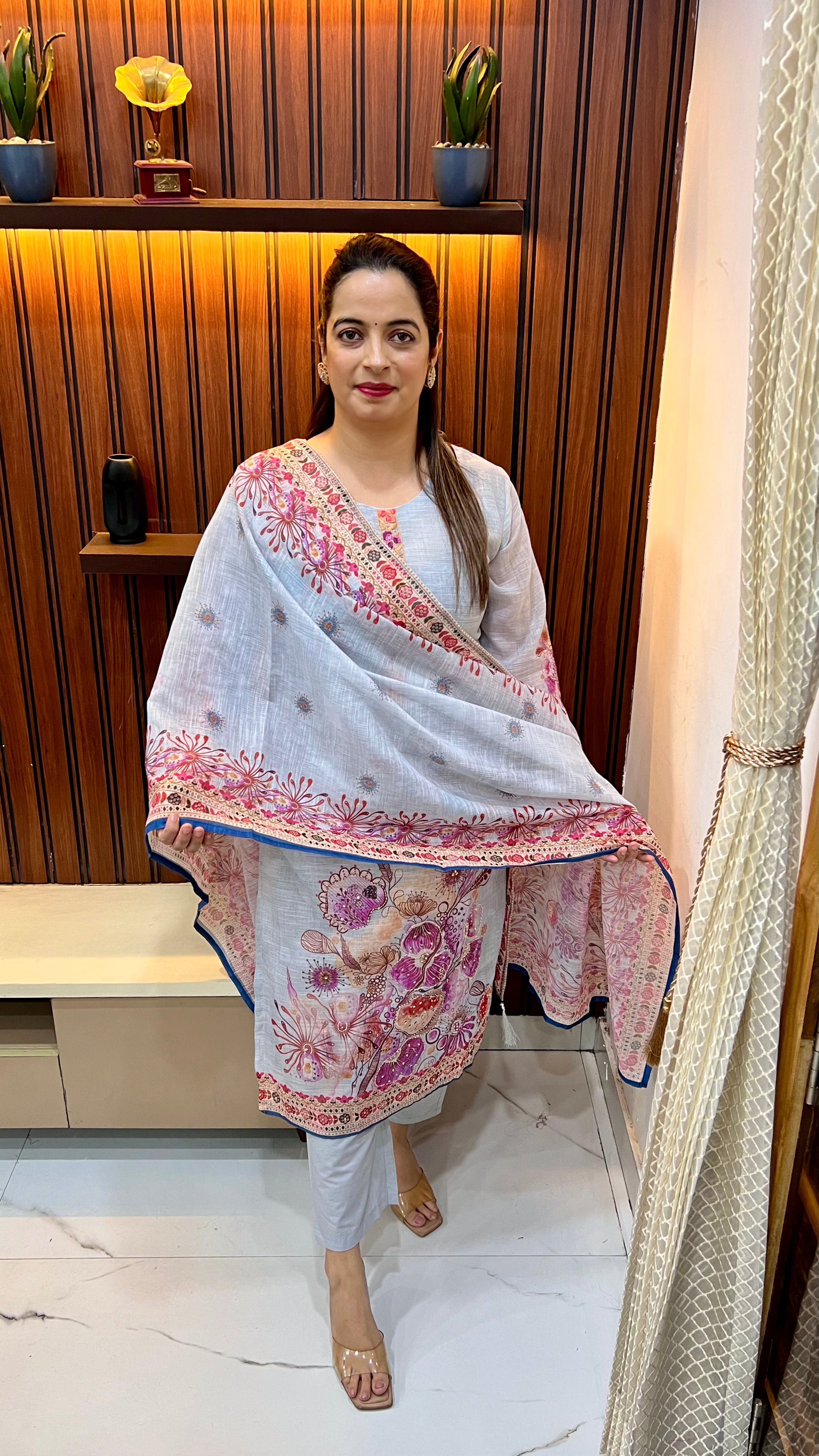 Mul Chanderi Suit with Kolkata Knot Work & Hand Embroidery with Pure Cotton Lining