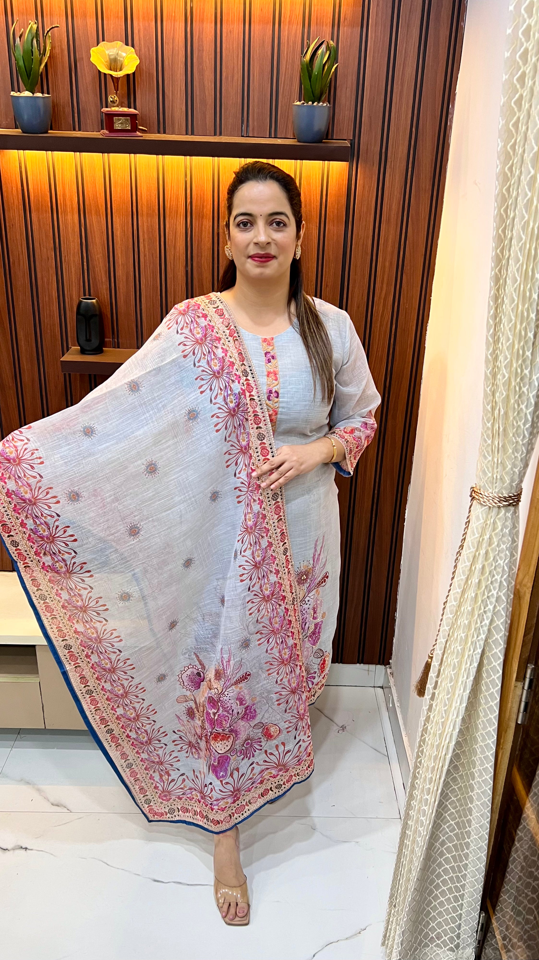 Mul Chanderi Suit with Kolkata Knot Work & Hand Embroidery with Pure Cotton Lining