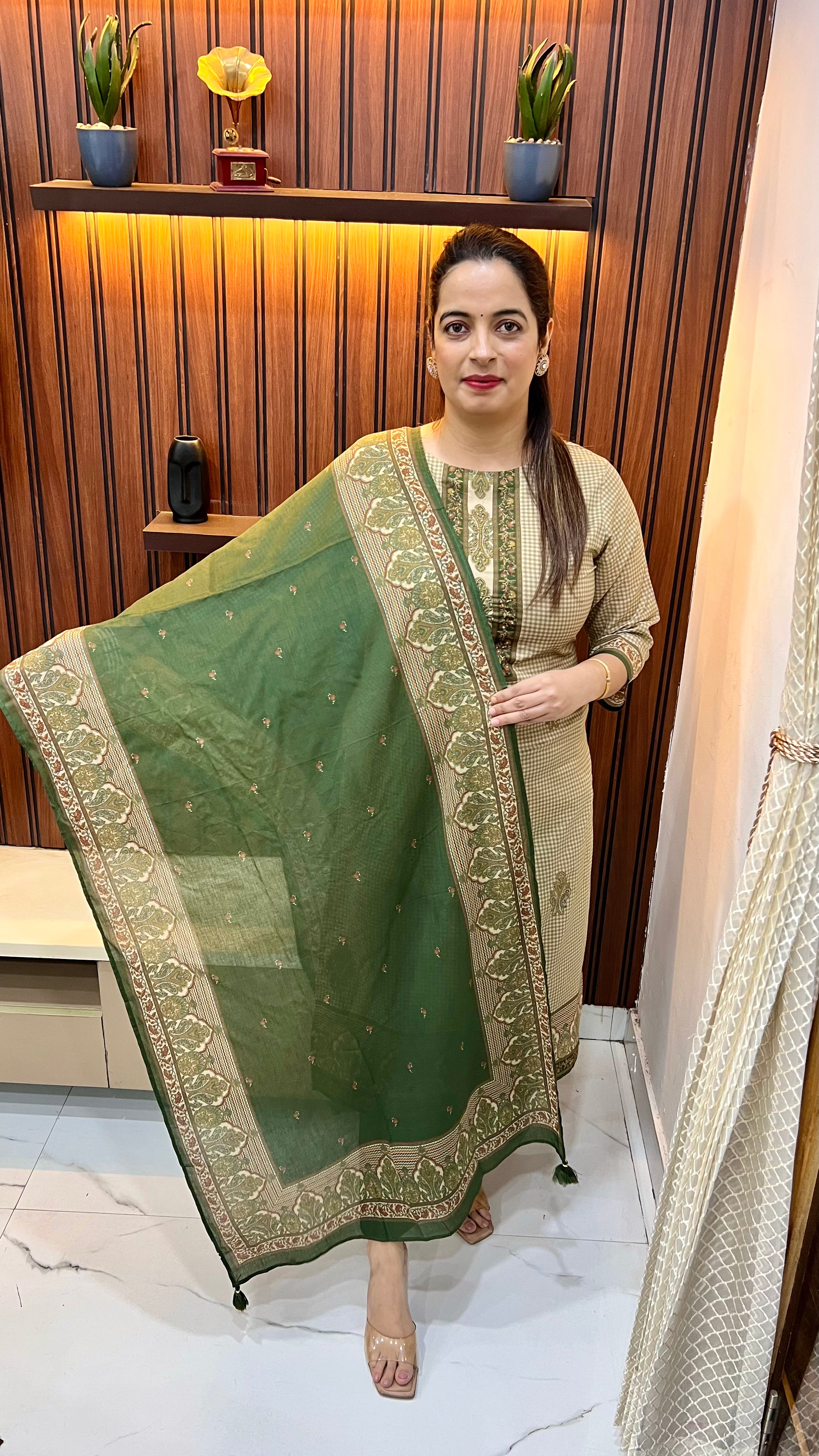 Exclusive Pure Cotton Check Print Suit with Digital Print & Thread Embroidery Work