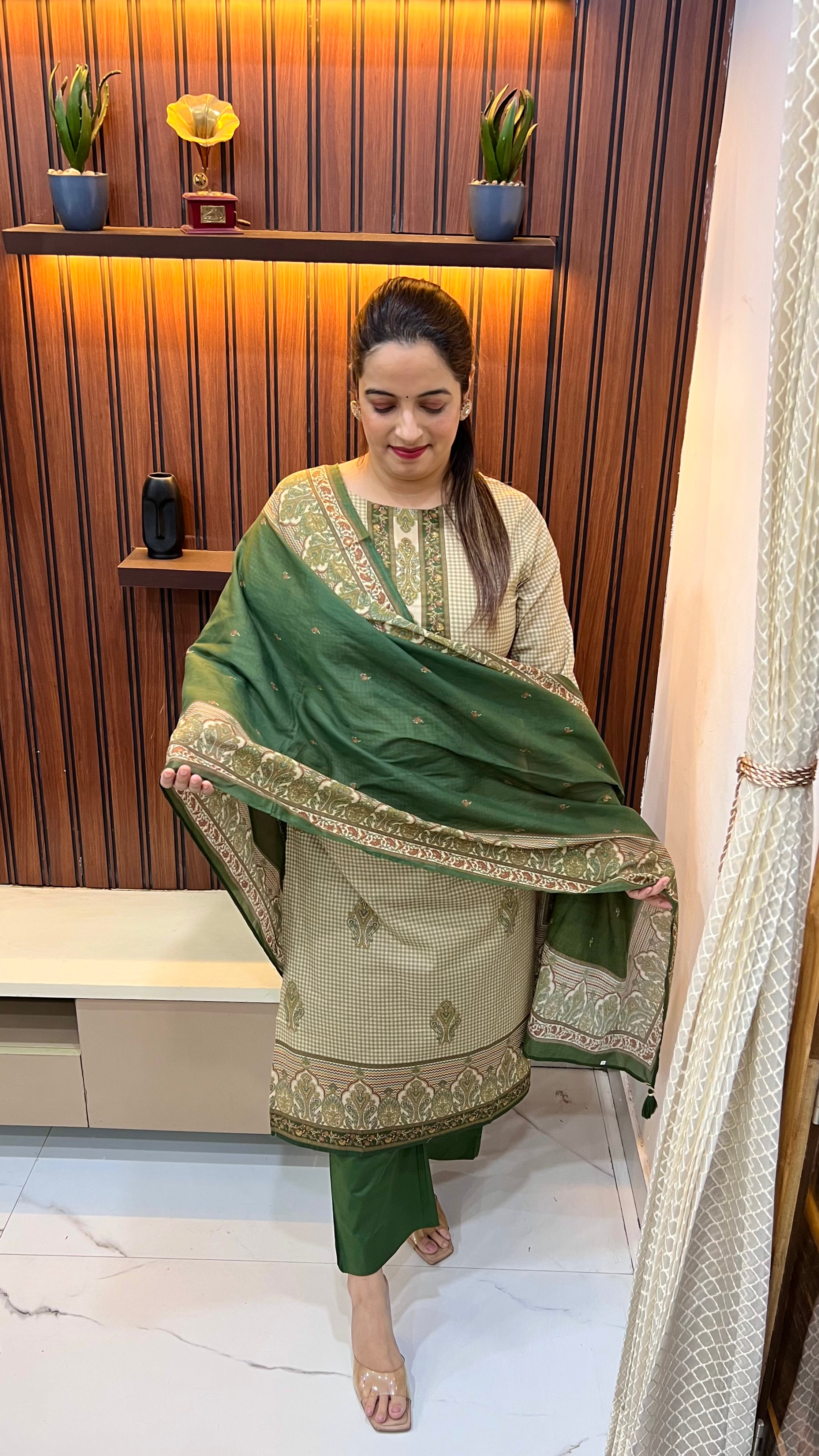 Exclusive Pure Cotton Check Print Suit with Digital Print & Thread Embroidery Work