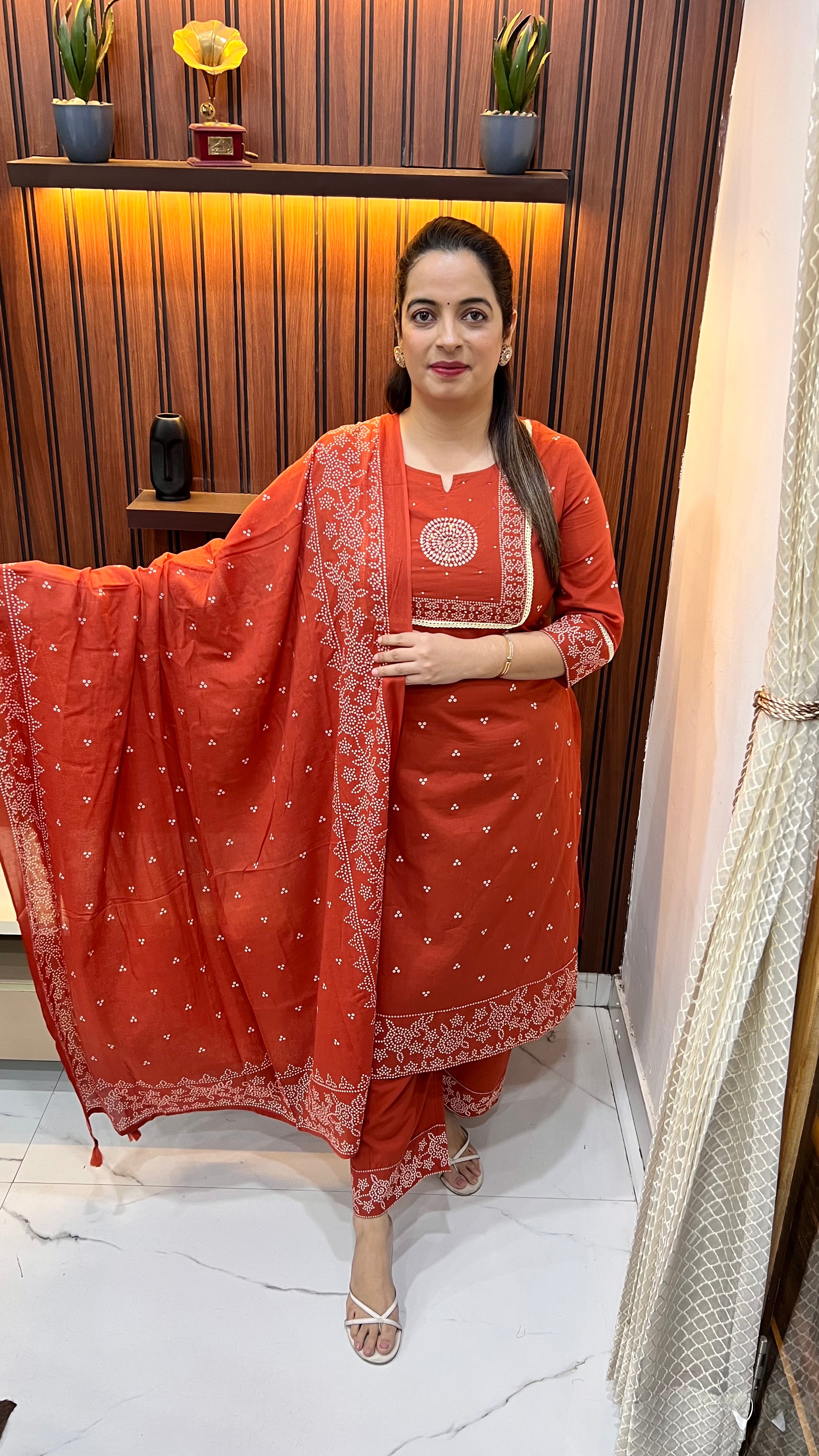 Premium Bandhani Cotton Suit with Sequence & Mirror Work
