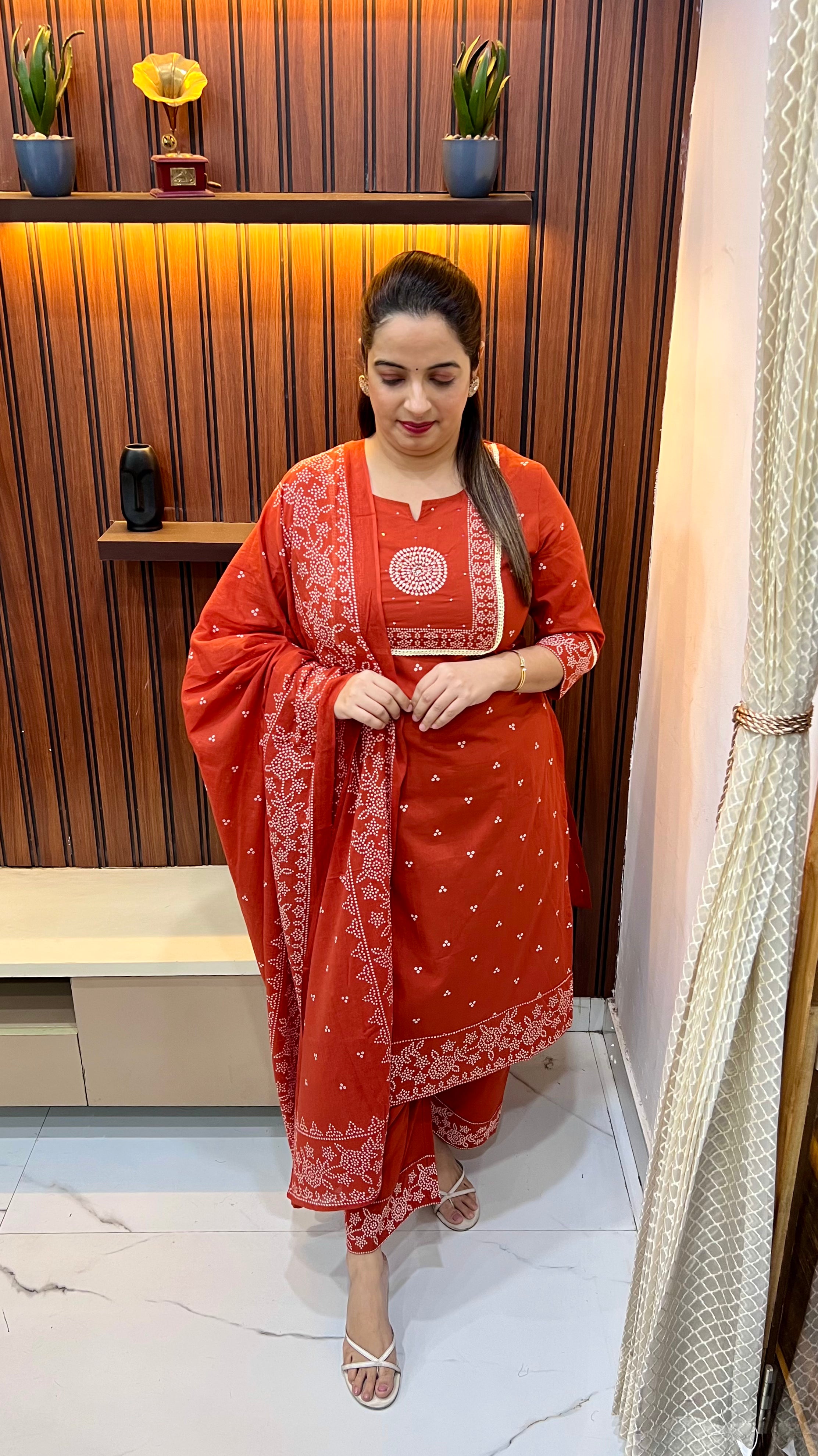 Premium Bandhani Cotton Suit with Sequence & Mirror Work