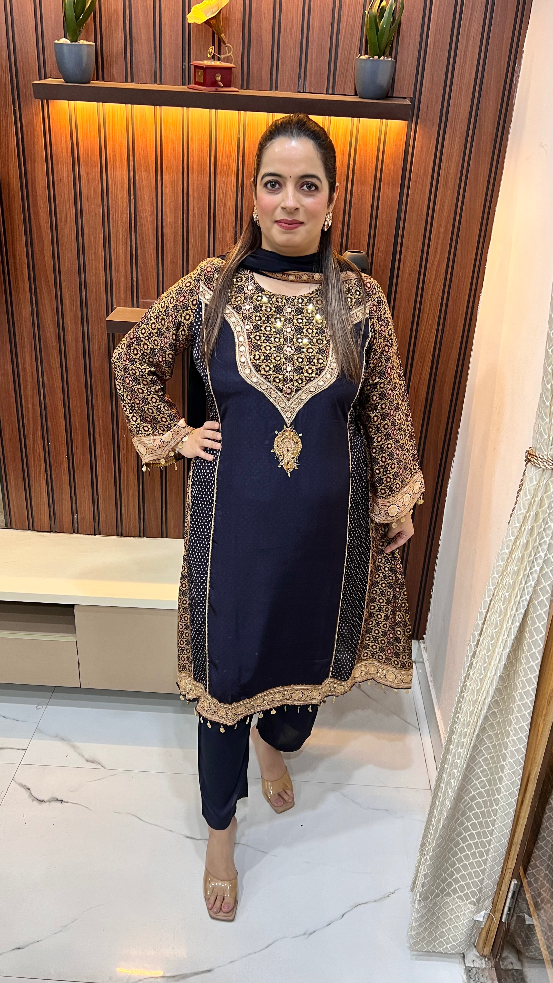 Natural Crepe A-Line Suit with C-Cut Style, Hand Embroidery & Chiffon Dupatta