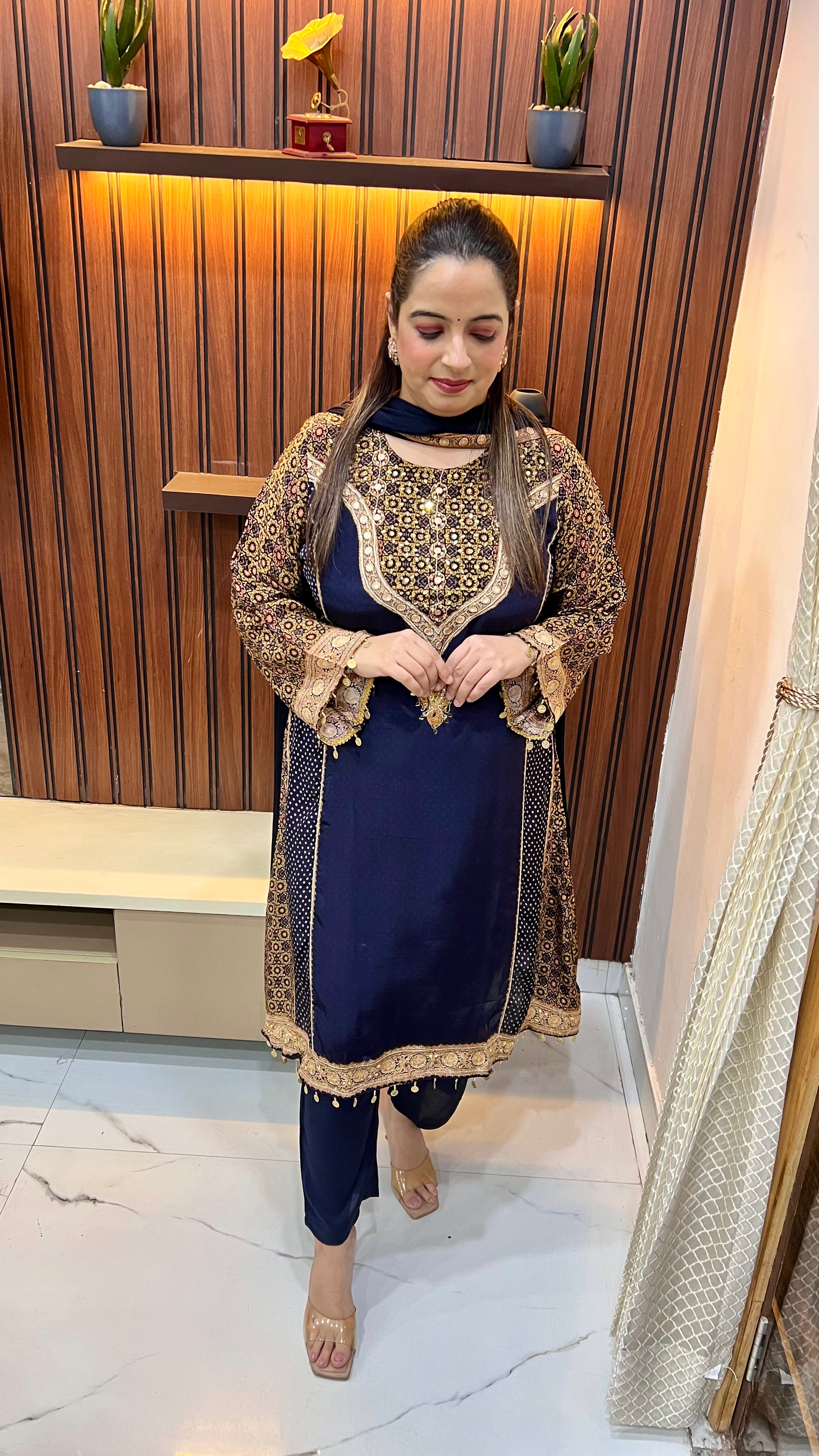 Natural Crepe A-Line Suit with C-Cut Style, Hand Embroidery & Chiffon Dupatta
