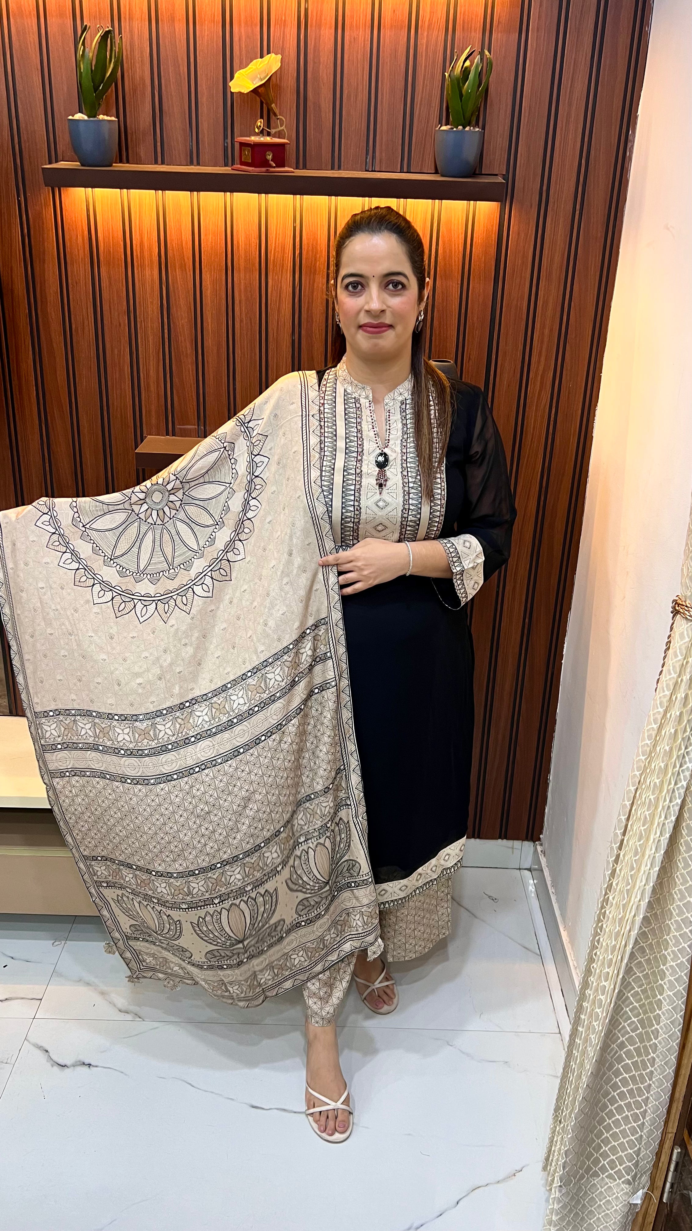Premium Georgette Suit with Ajrak Print Patch Silk Work, Imported Buttons & Shantoon Set