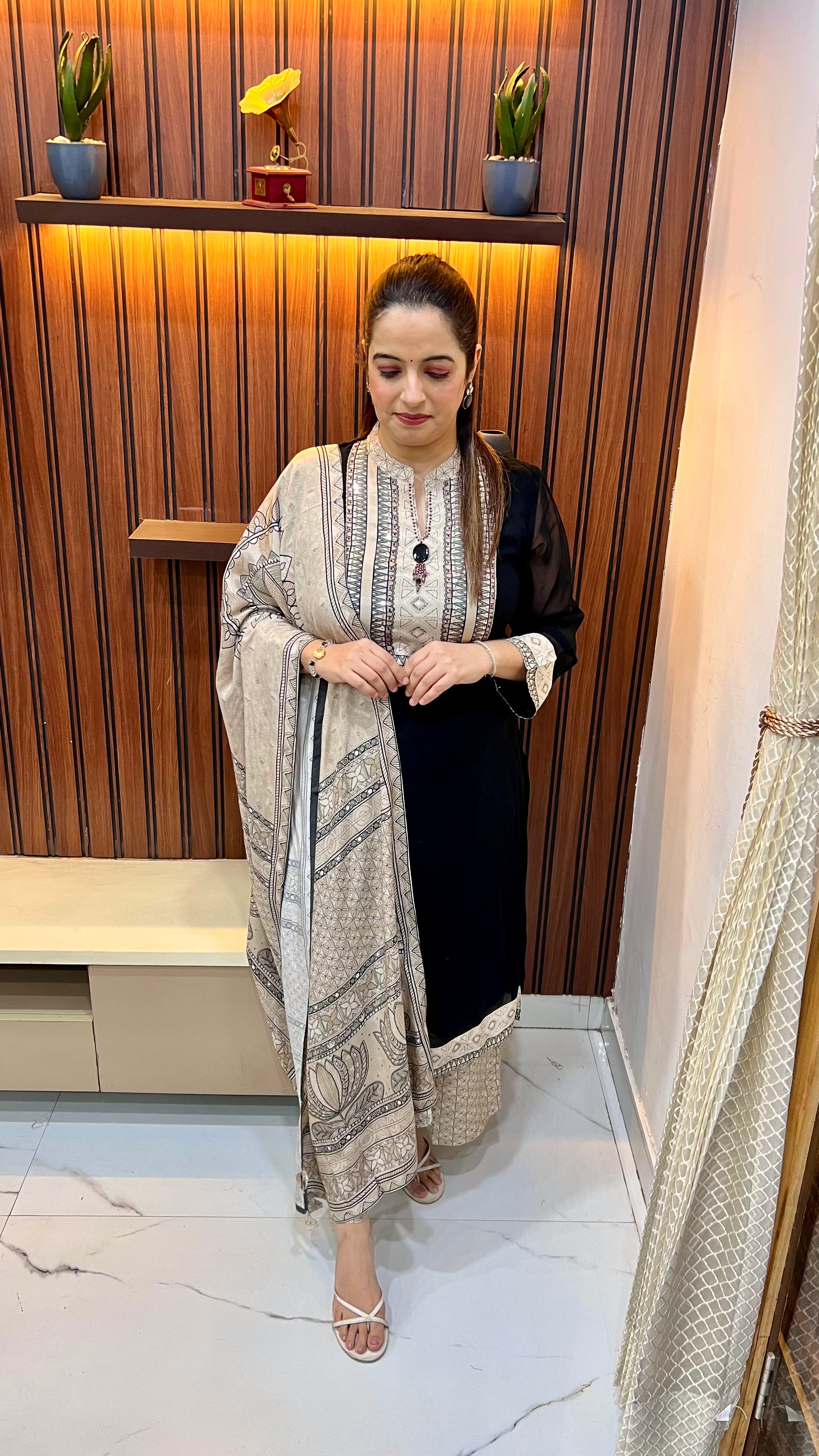 Premium Georgette Suit with Ajrak Print Patch Silk Work, Imported Buttons & Shantoon Set