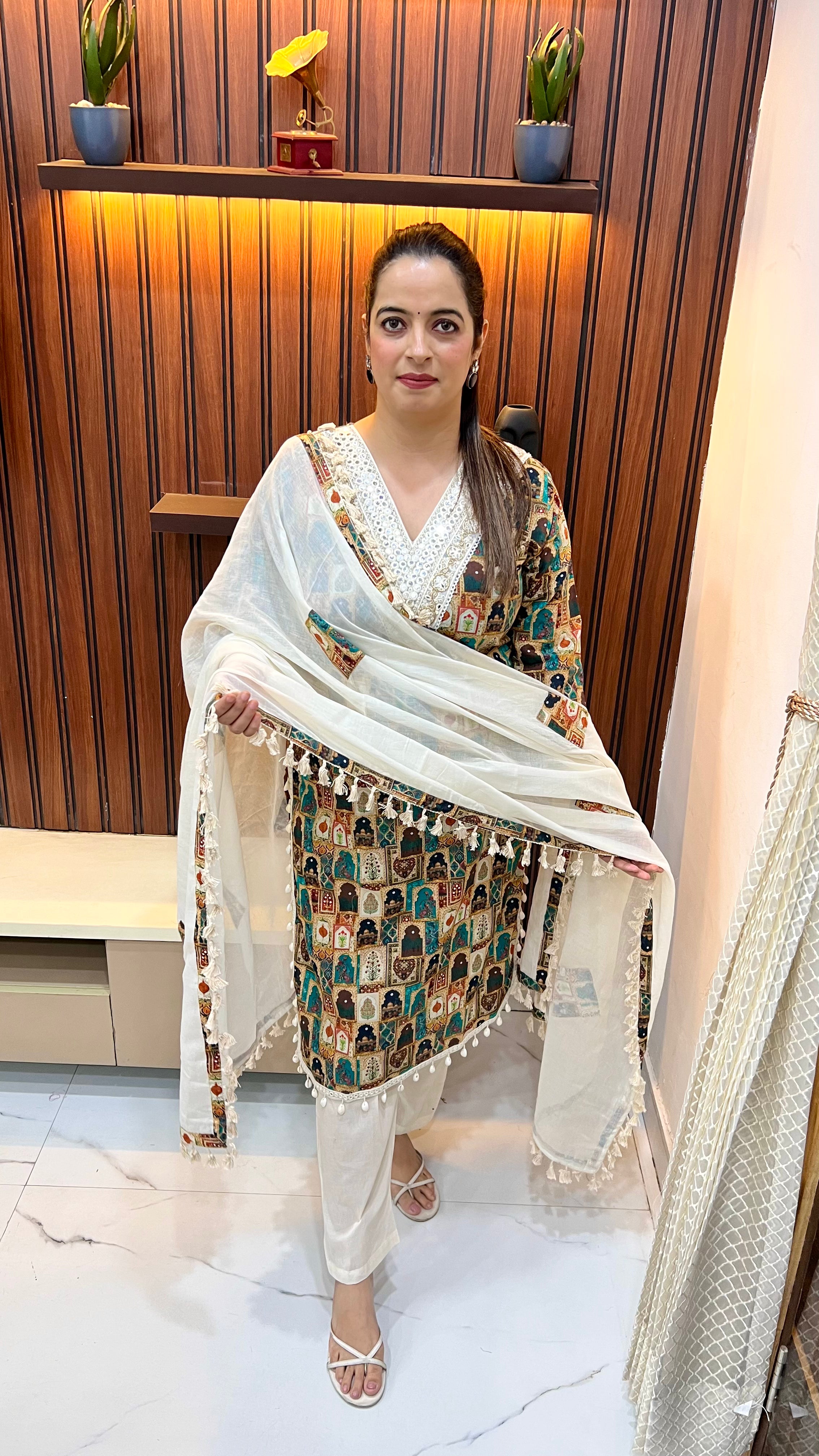 Pure Digital Print Suit with Mirror Work Neckline, Hand Embroidery & Kodi’s Work on Ghera
