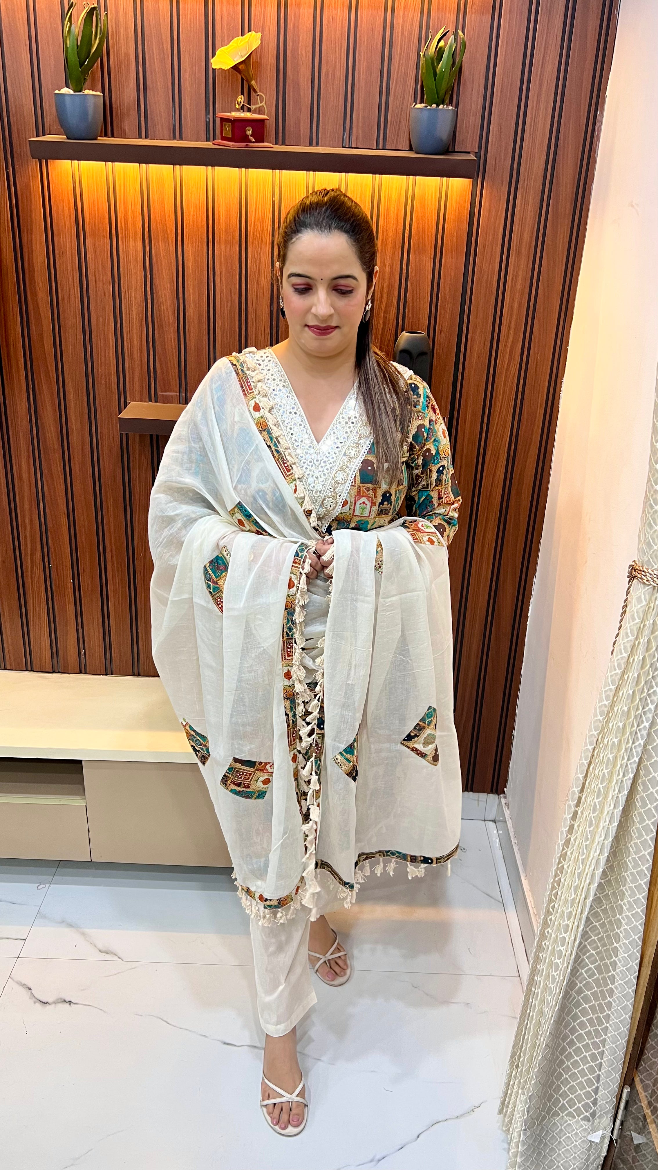 Pure Digital Print Suit with Mirror Work Neckline, Hand Embroidery & Kodi’s Work on Ghera