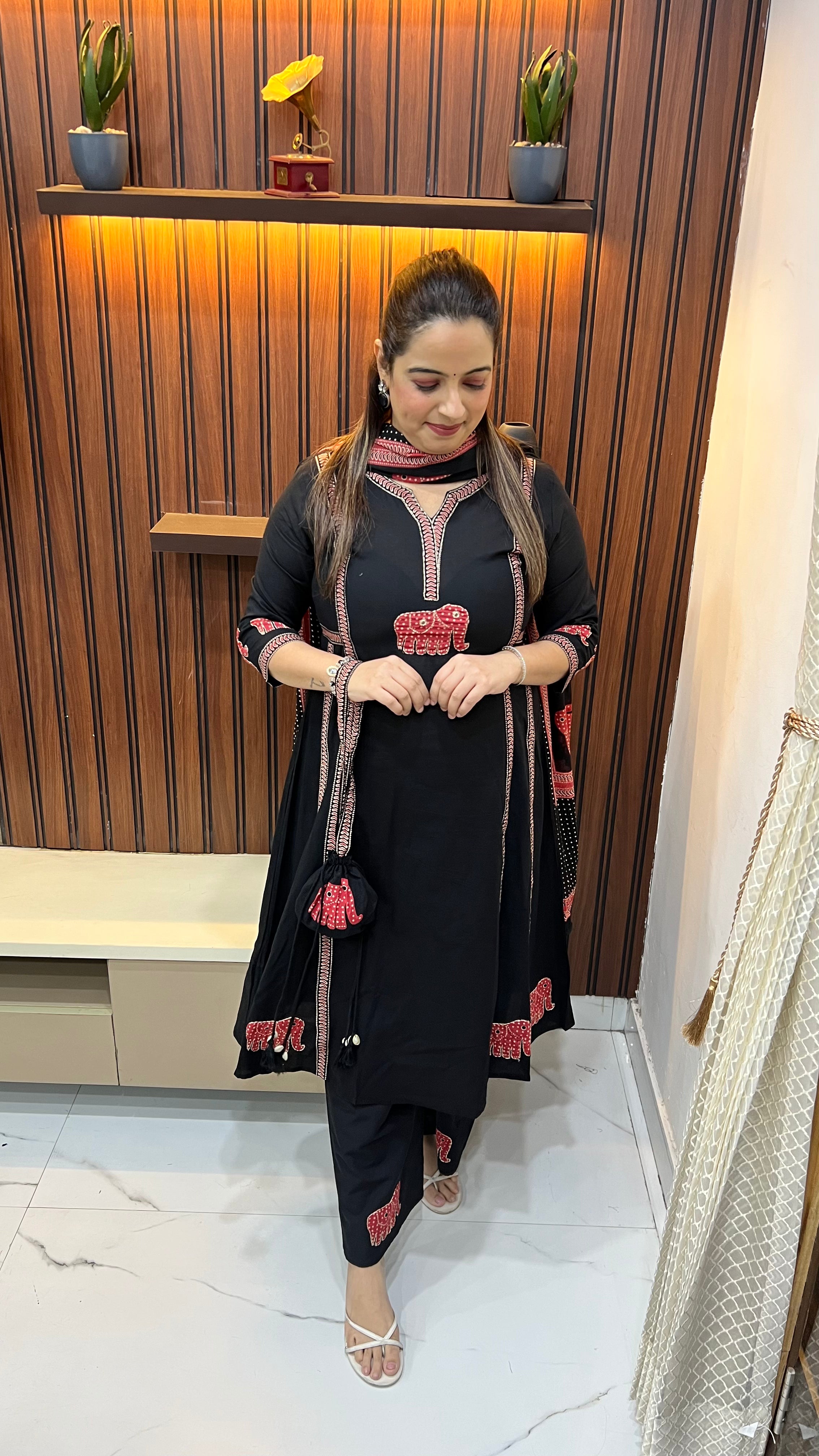 Pure Cotton Anarkali Suit with Madhubani Art, Appliqué Work & Handmade Potli