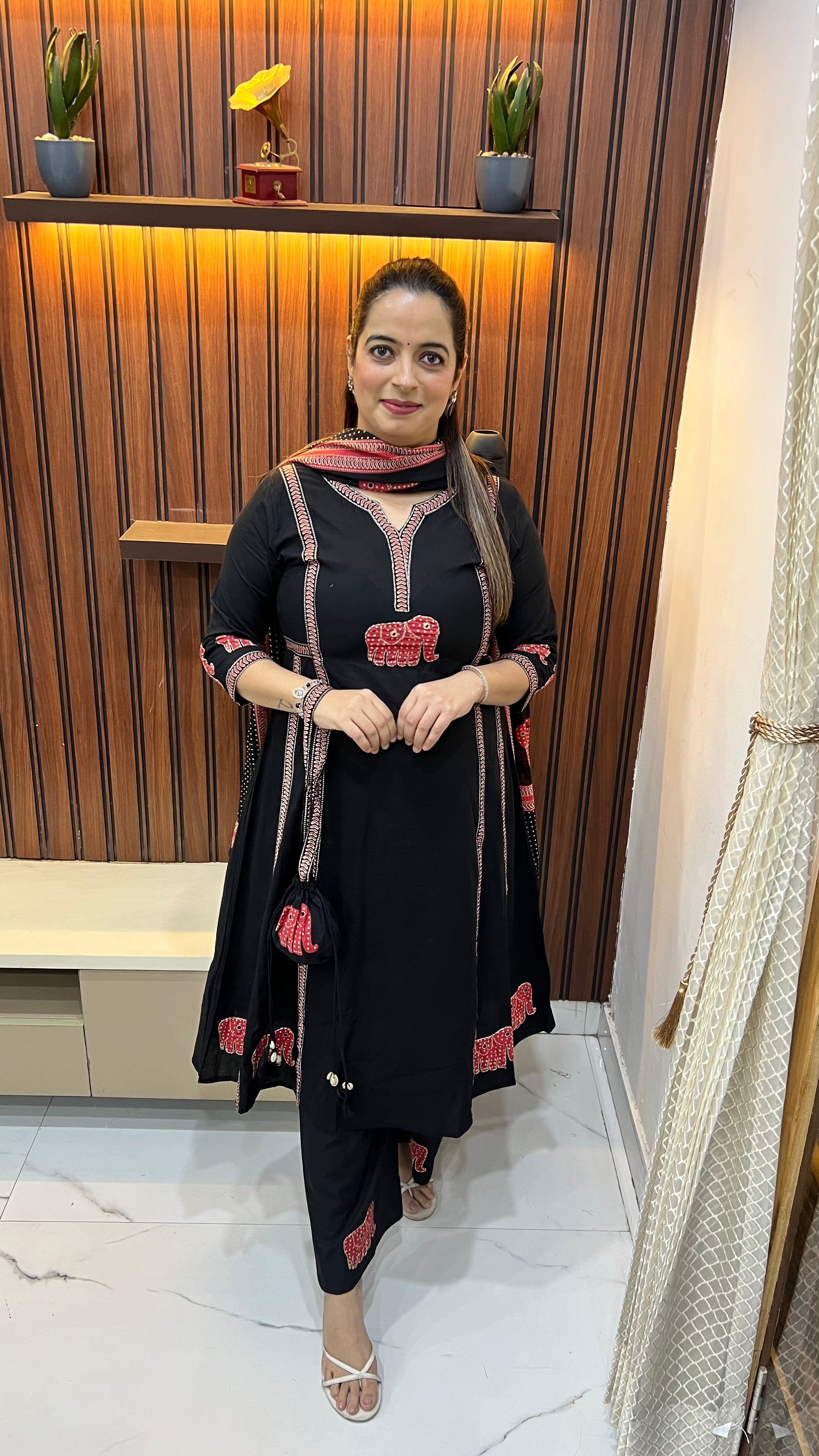 Pure Cotton Anarkali Suit with Madhubani Art, Appliqué Work & Handmade Potli