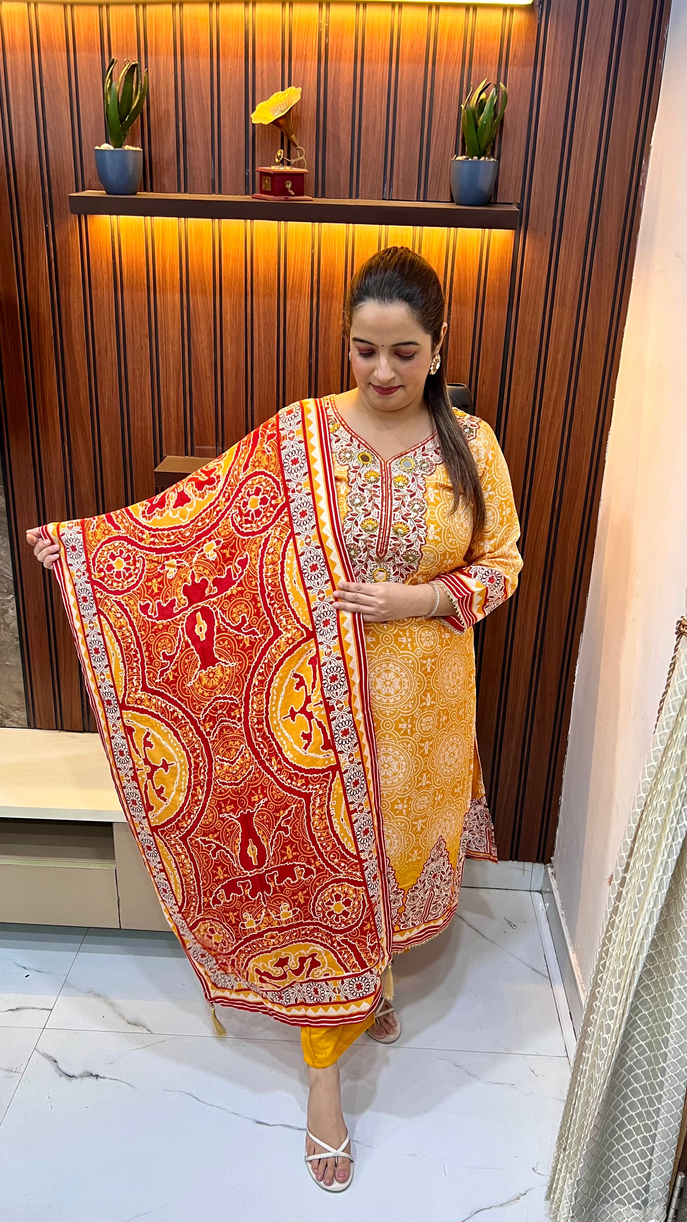 Maheshwari Silk Suit with Real Mirror Work Neckline & Shantoon Bottom
